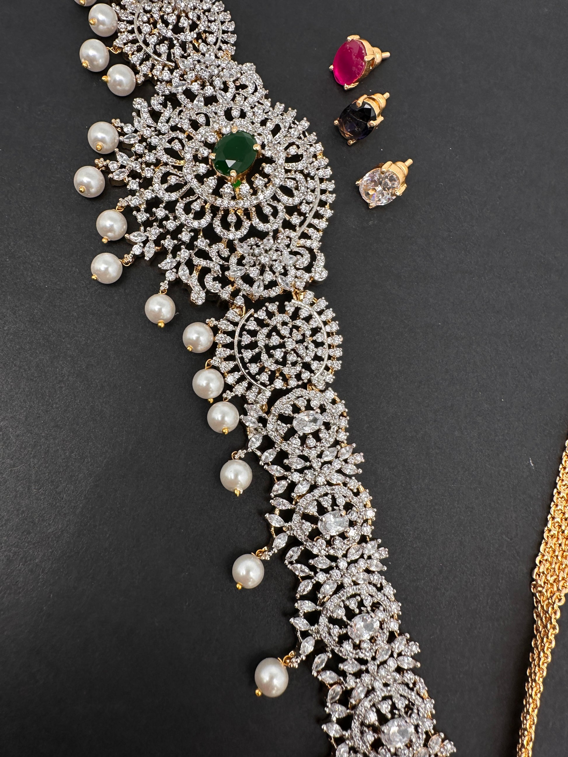 AD Diamond Changeable Color Stone Pearls Hip Chain Kamarbandh - 