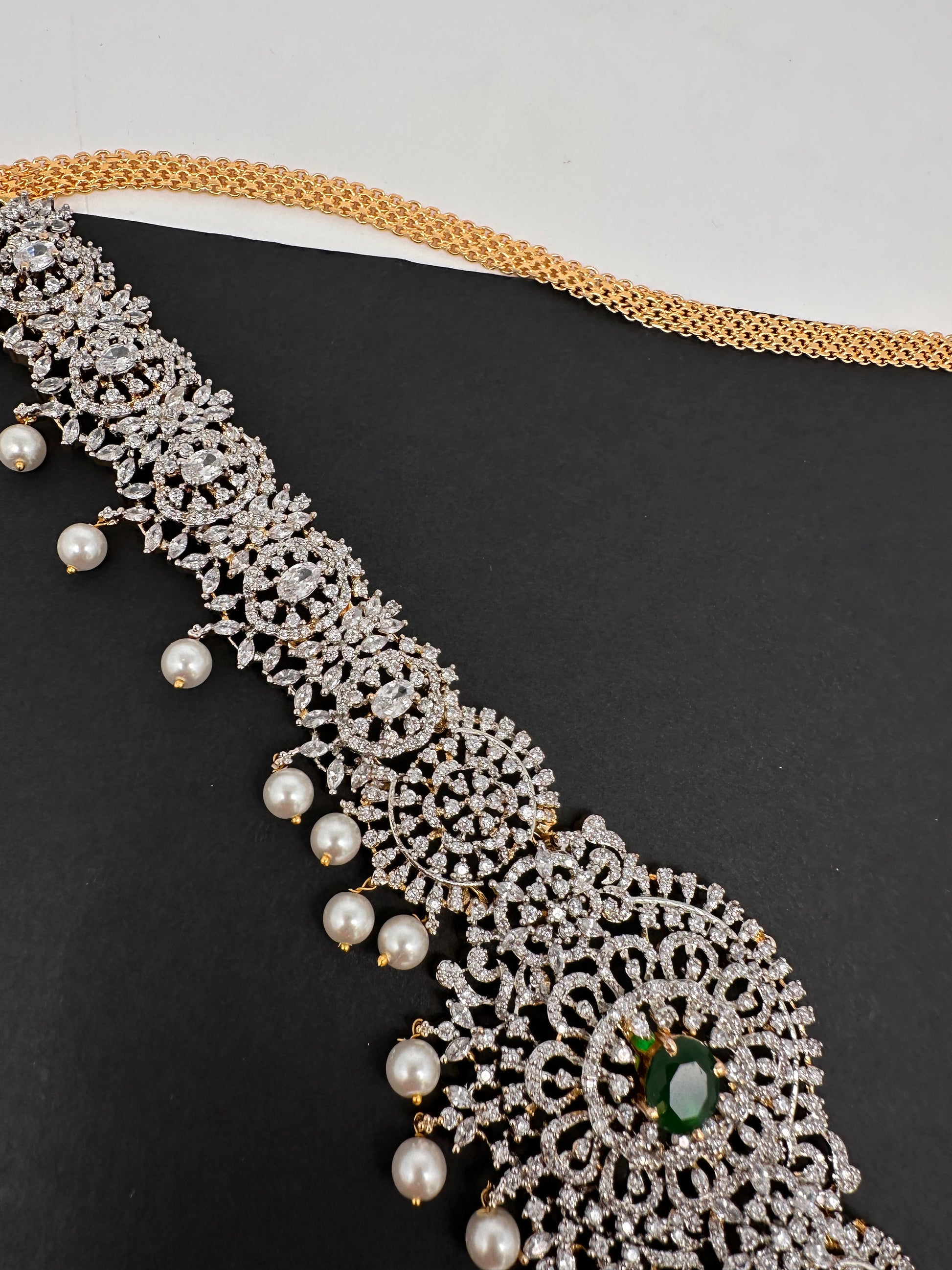 AD Diamond Changeable Color Stone Pearls Hip Chain Kamarbandh - 