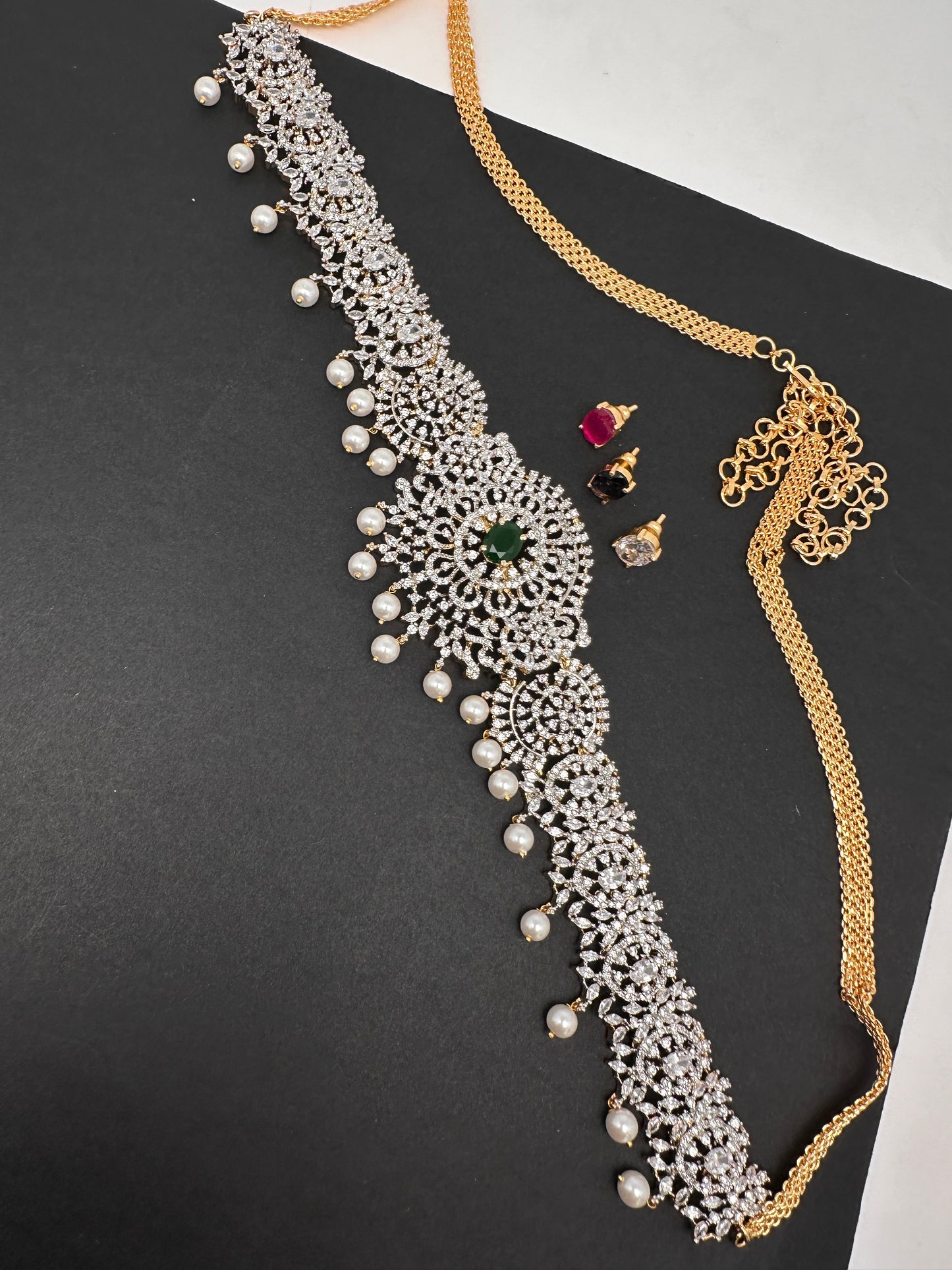 AD Diamond Changeable Color Stone Pearls Hip Chain Kamarbandh - 
