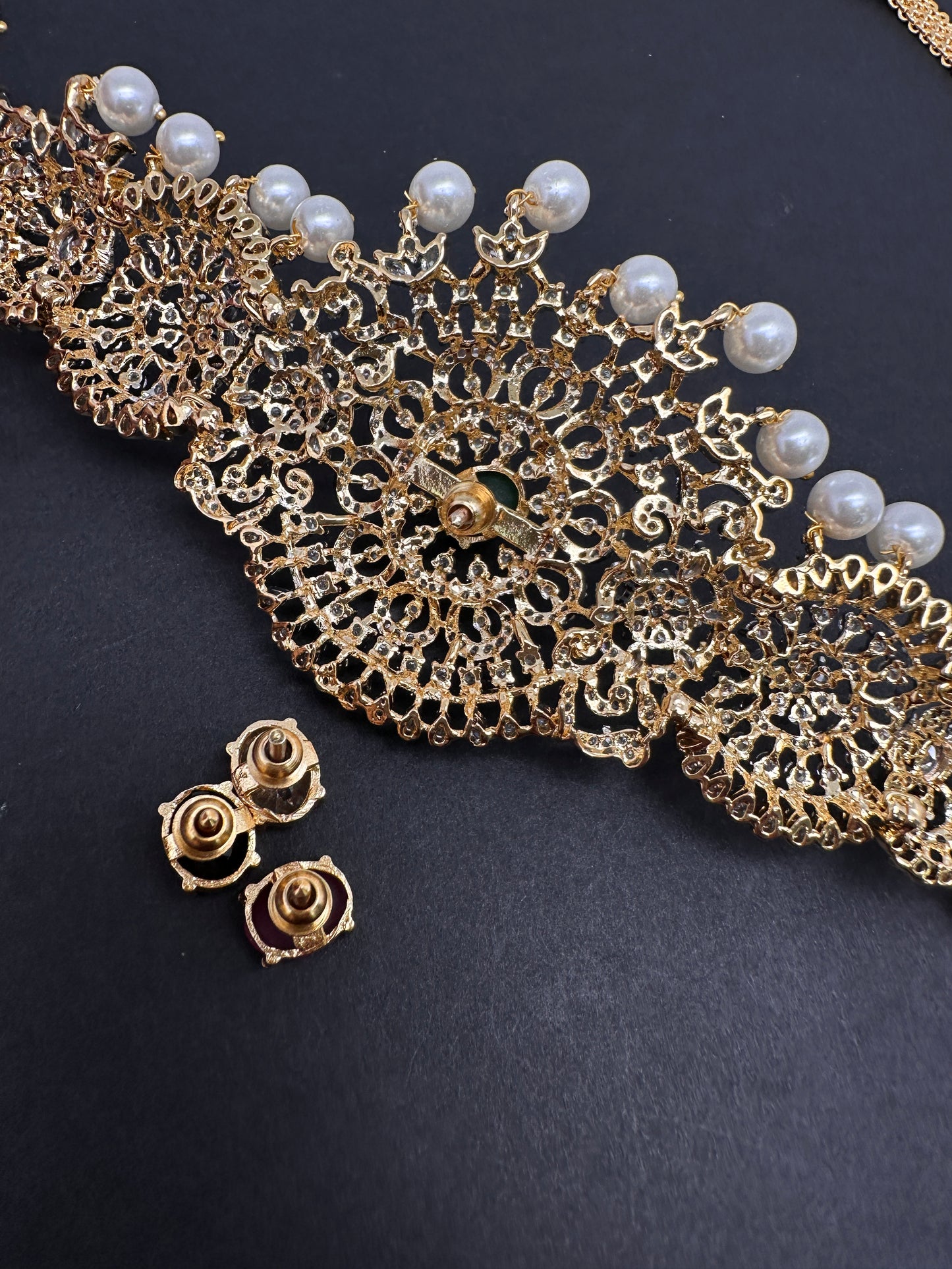 AD Diamond Changeable Color Stone Pearls Hip Chain Kamarbandh - 