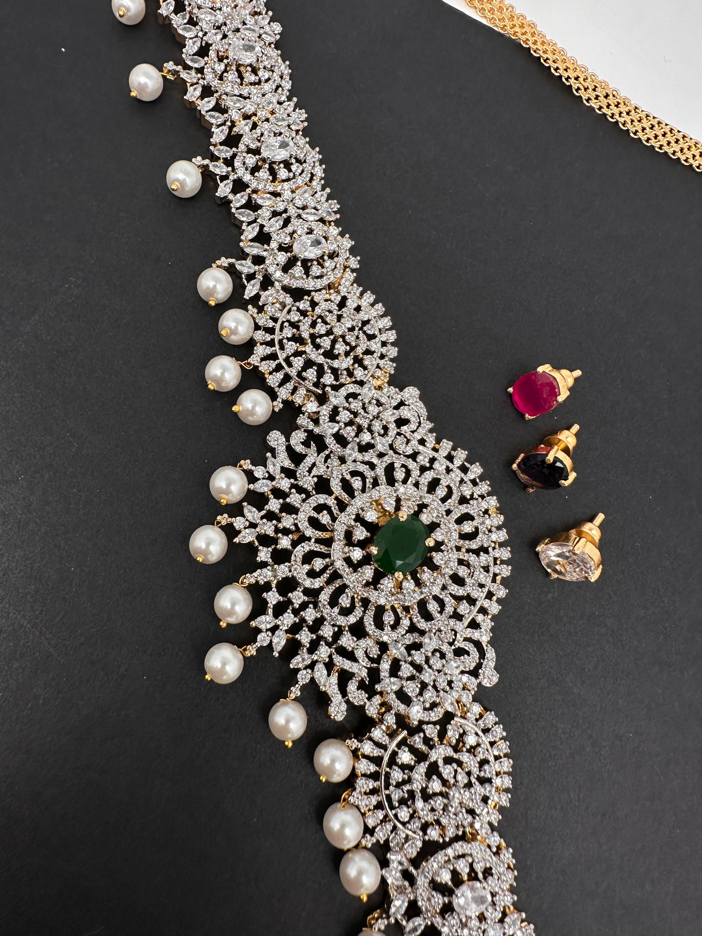 AD Diamond Changeable Color Stone Pearls Hip Chain Kamarbandh - 
