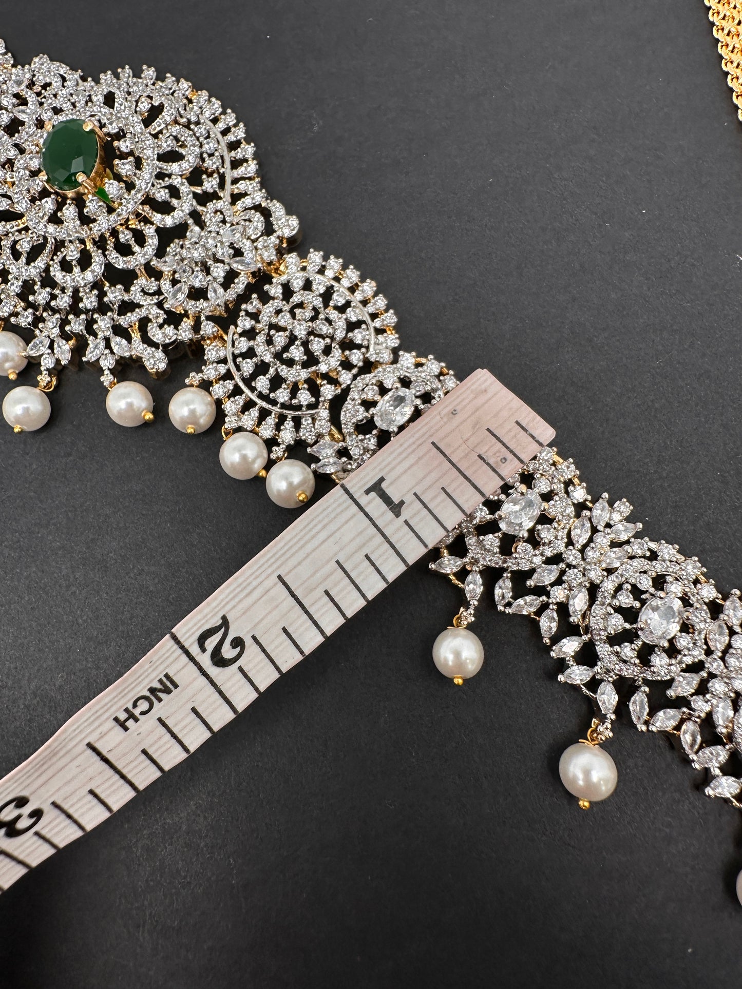 AD Diamond Changeable Color Stone Pearls Hip Chain Kamarbandh - 