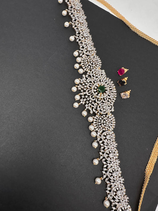 AD Diamond Changeable Color Stone Pearls Hip Chain Kamarbandh - 