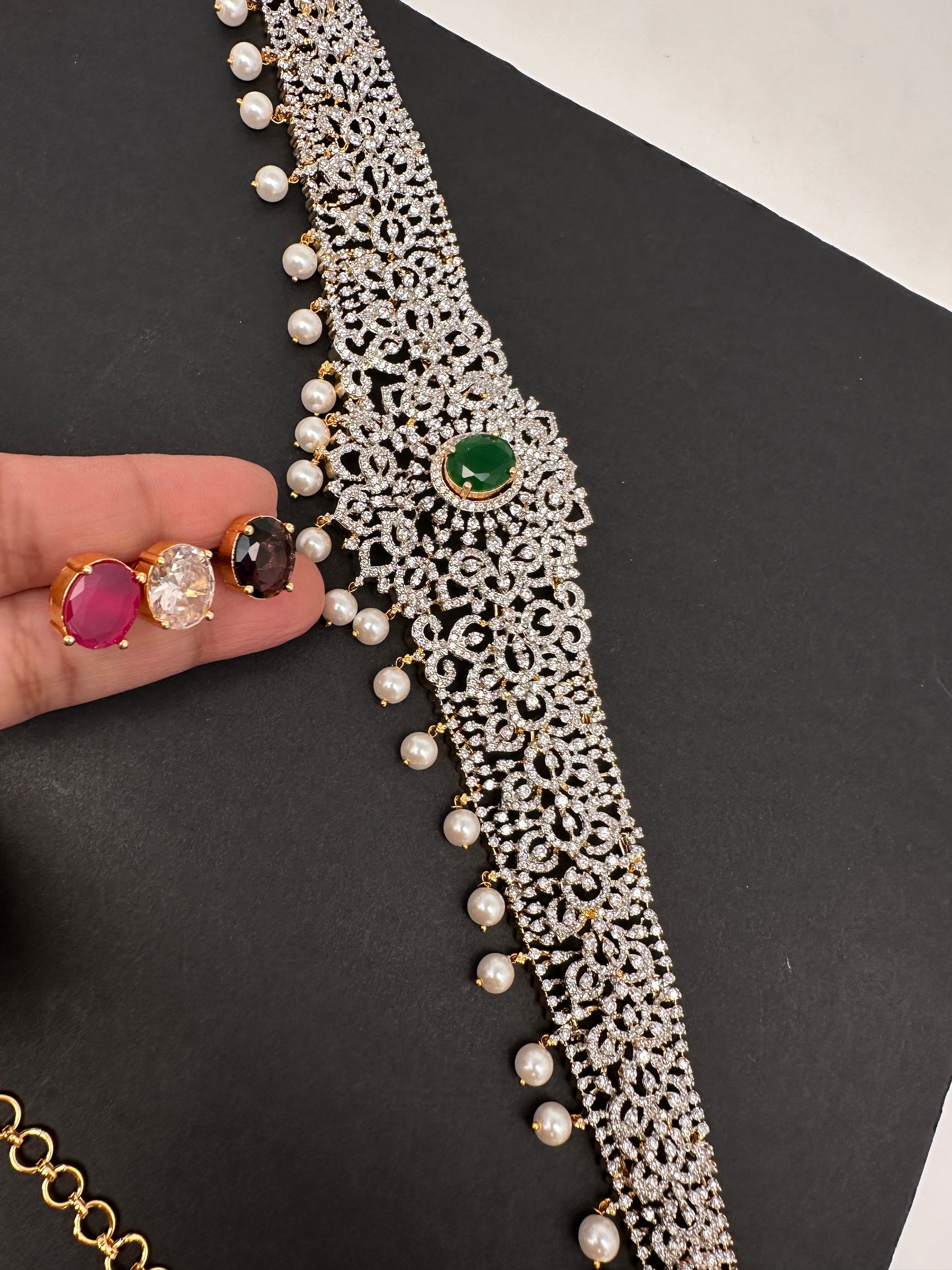 AD Diamond Changeable Color Stone Pearls Hip Chain Kamarbandh - 