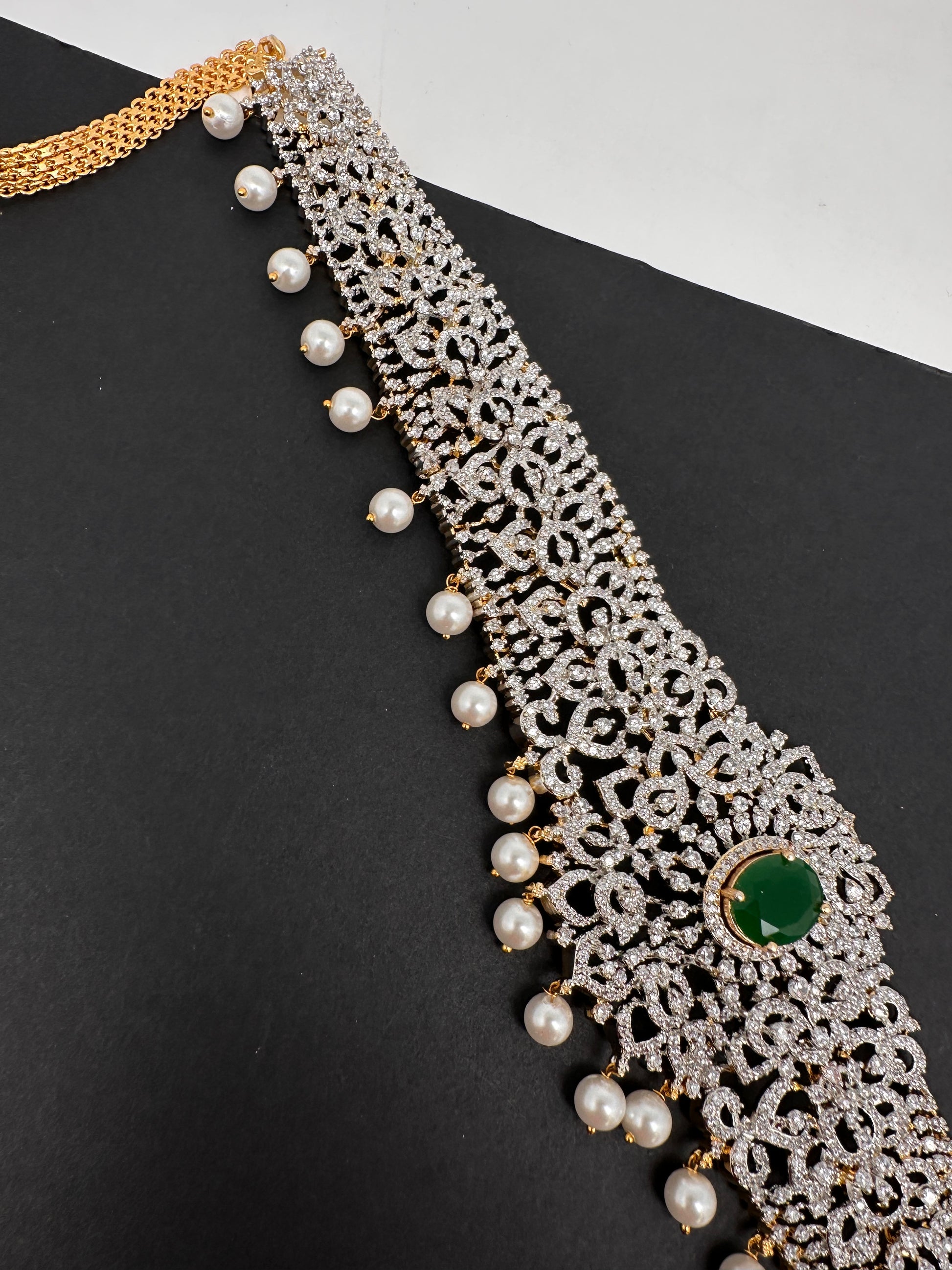 AD Diamond Changeable Color Stone Pearls Hip Chain Kamarbandh - 