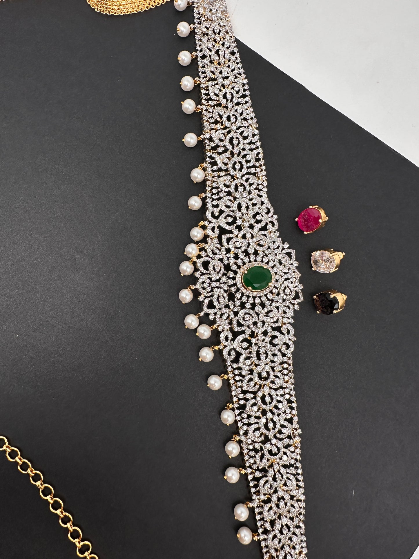 AD Diamond Changeable Color Stone Pearls Hip Chain Kamarbandh - 