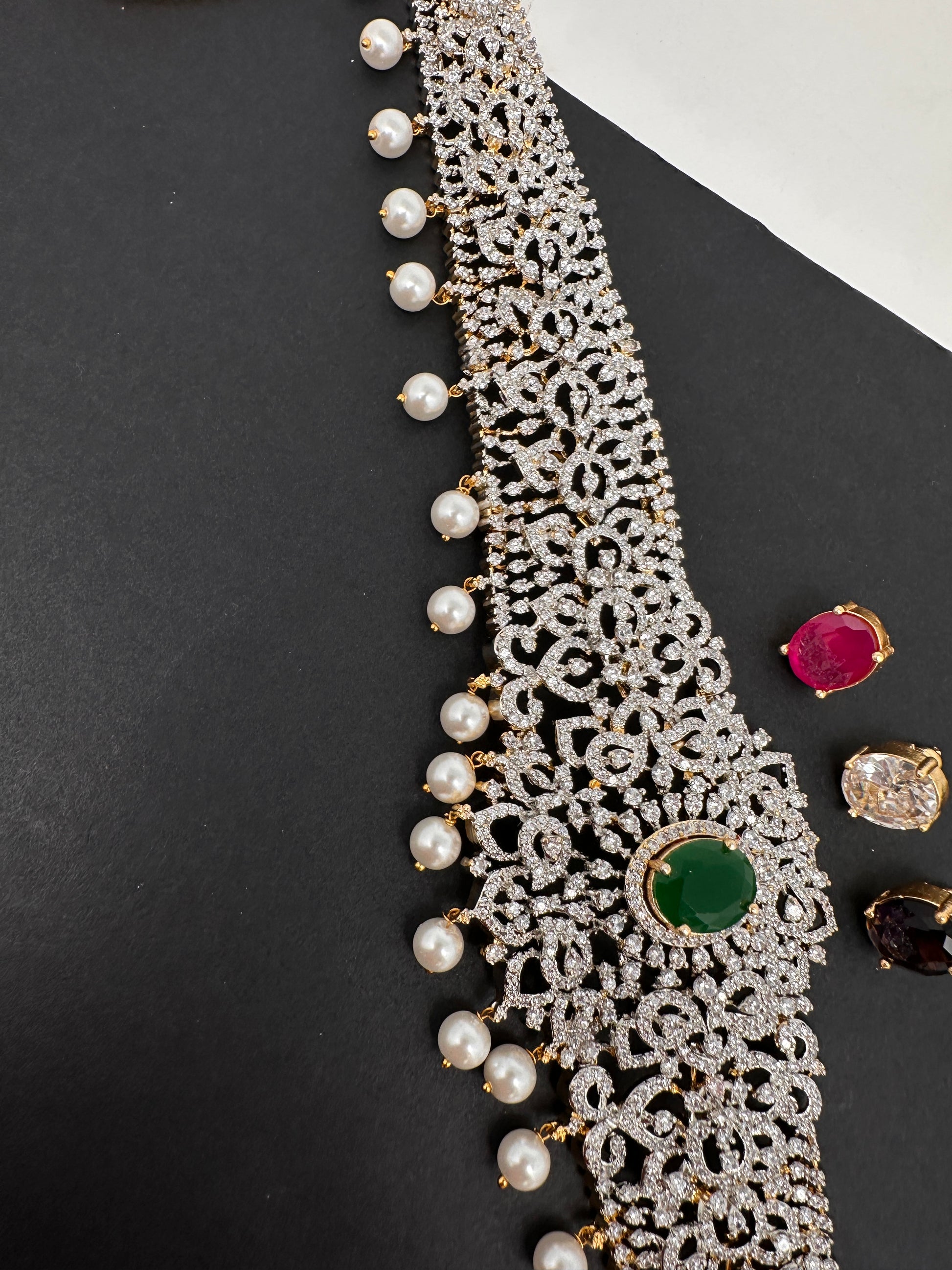 AD Diamond Changeable Color Stone Pearls Hip Chain Kamarbandh - 