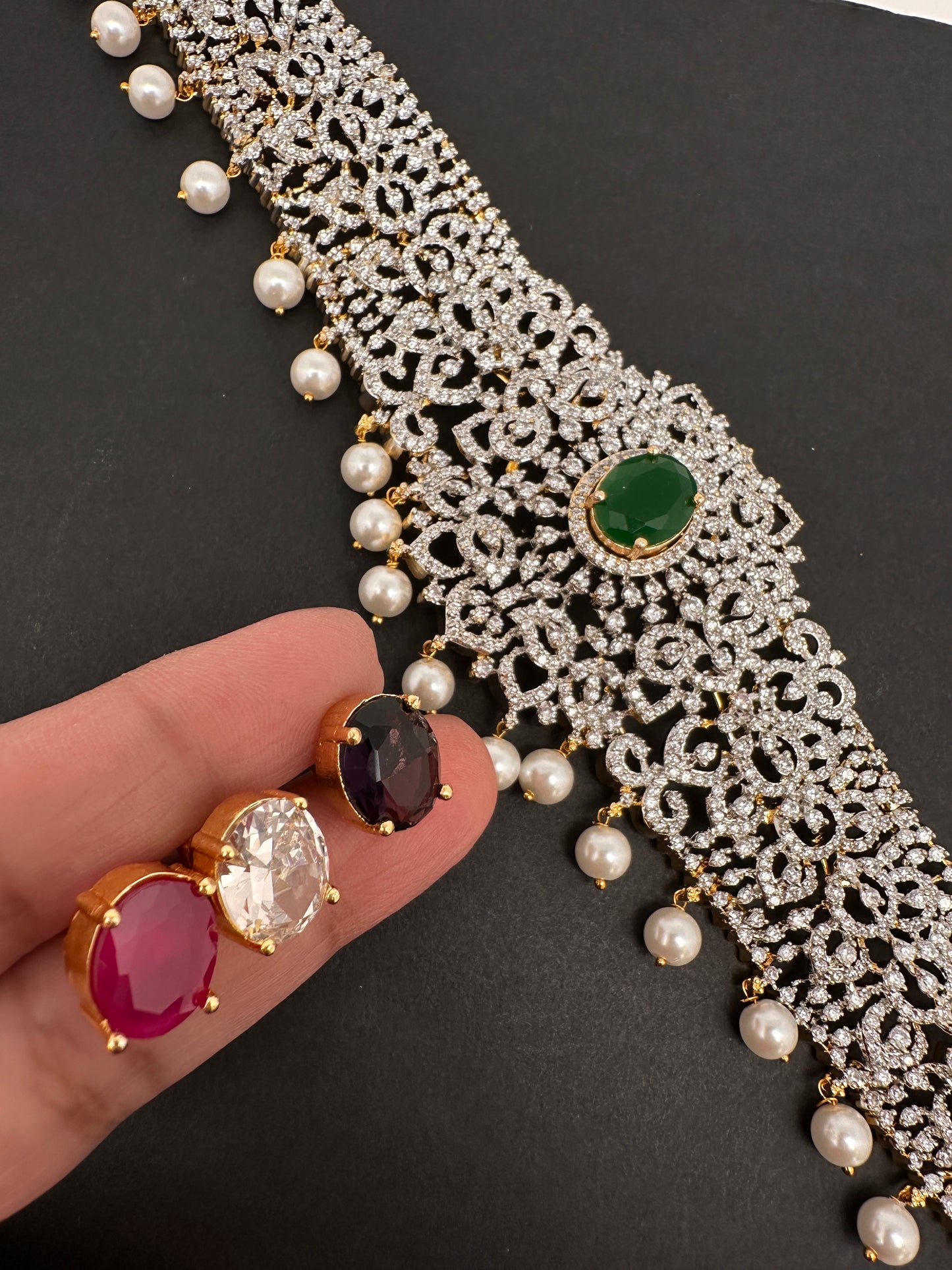 AD Diamond Changeable Color Stone Pearls Hip Chain Kamarbandh - 