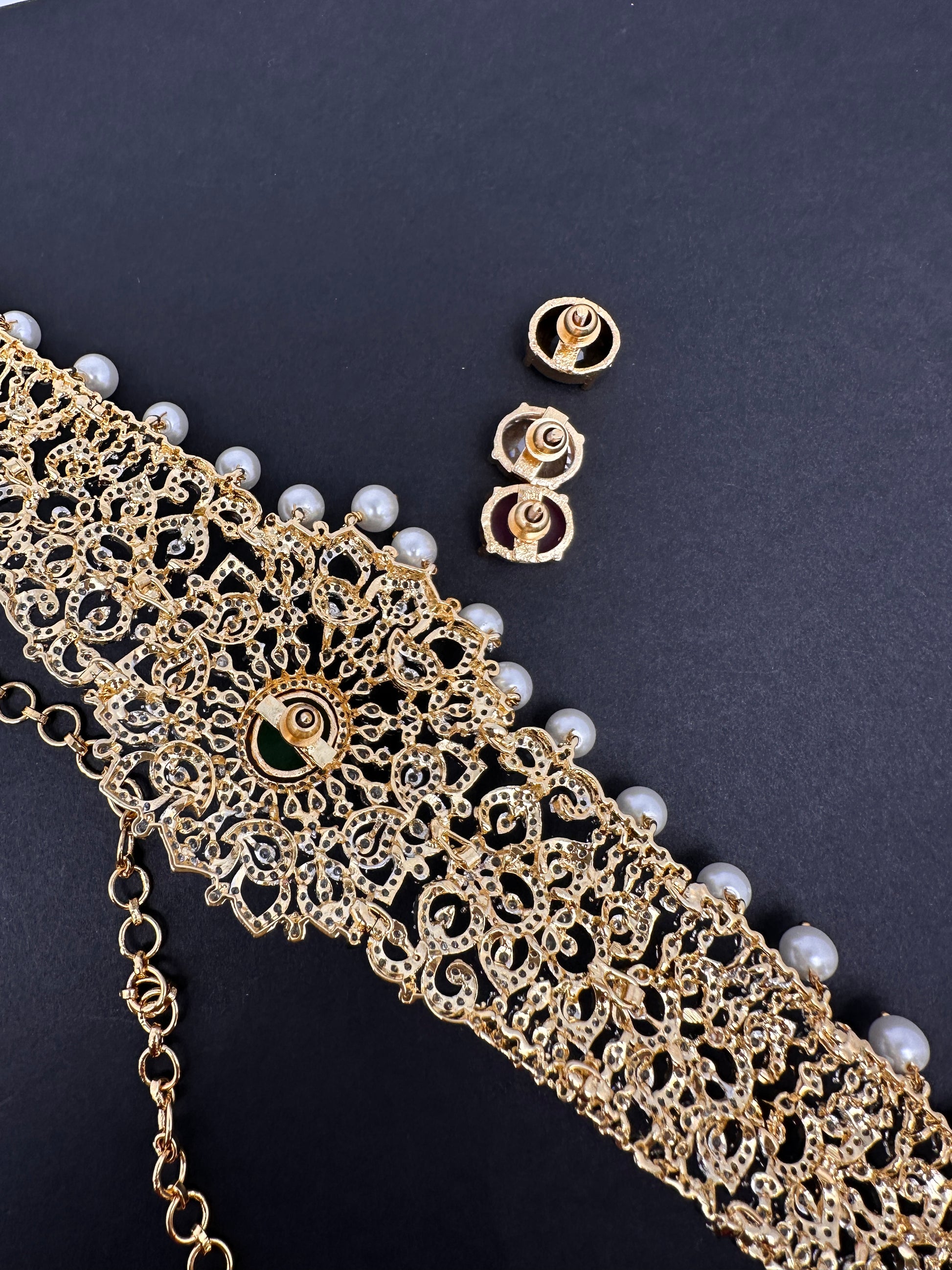 AD Diamond Changeable Color Stone Pearls Hip Chain Kamarbandh - 