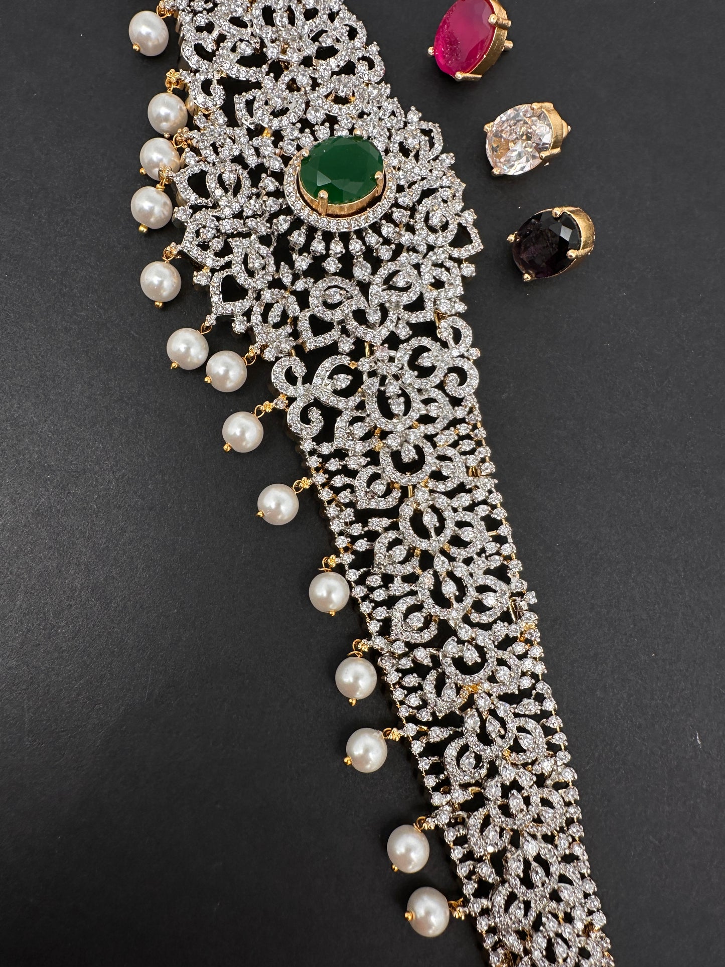 AD Diamond Changeable Color Stone Pearls Hip Chain Kamarbandh - 
