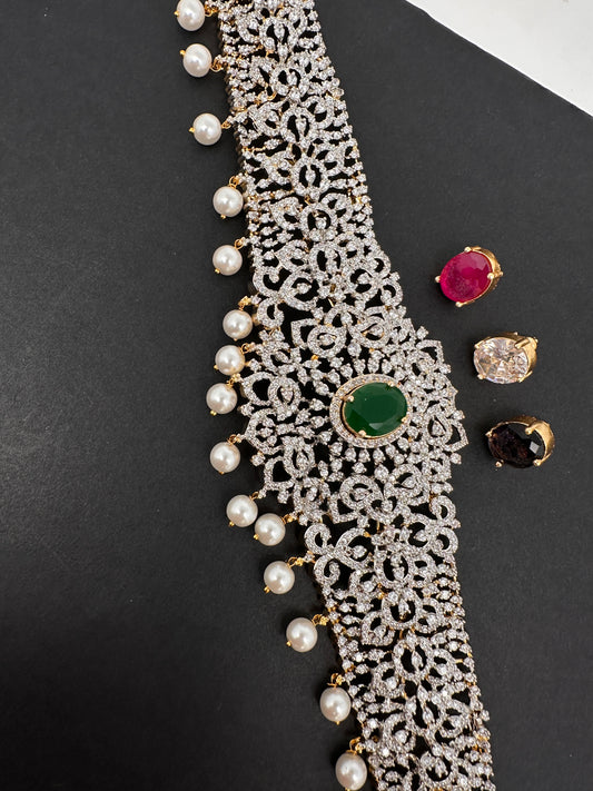 AD Diamond Changeable Color Stone Pearls Hip Chain Kamarbandh - 