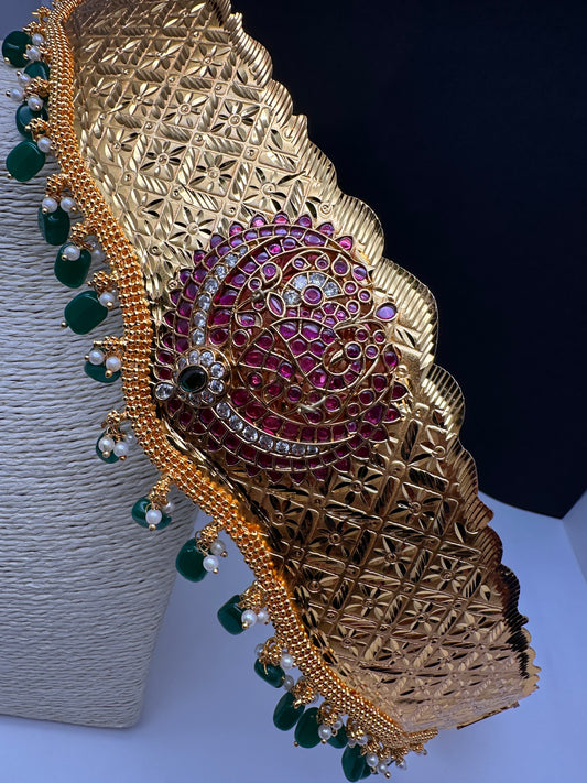 Kemp Peacock Pendent Self Design Kamarband Hip Belt - 