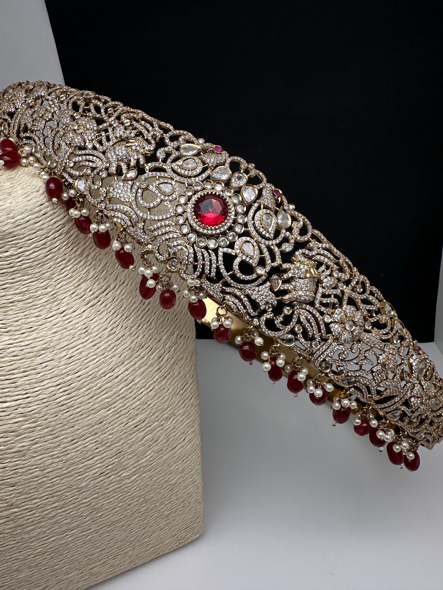 CZ Elephant Pattern Victorian Kamarband Hip Belt with Red Beads - 
