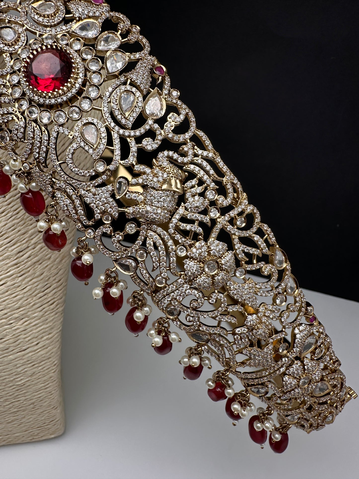 CZ Elephant Pattern Victorian Kamarband Hip Belt with Red Beads - 