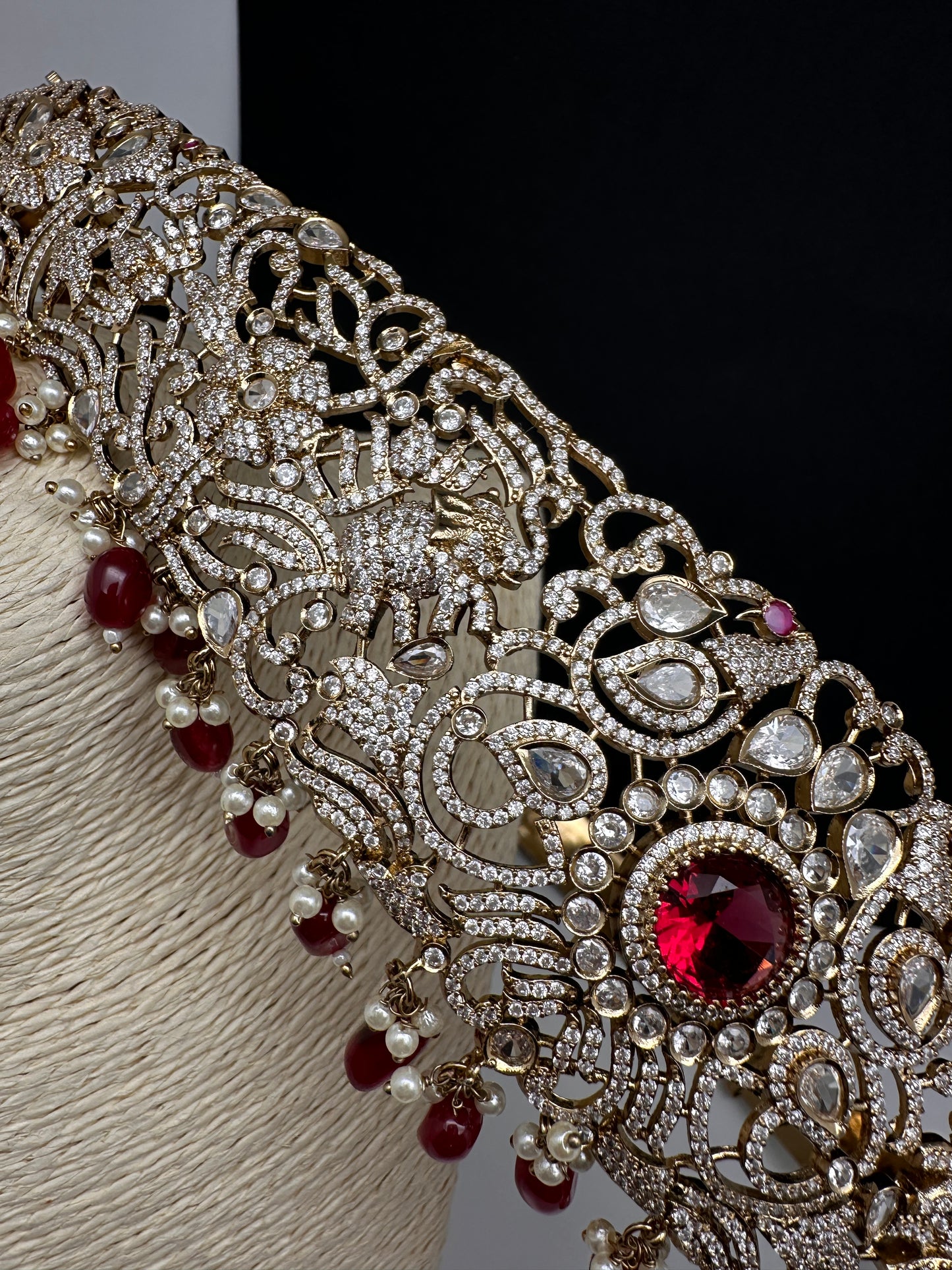 CZ Elephant Pattern Victorian Kamarband Hip Belt with Red Beads - 