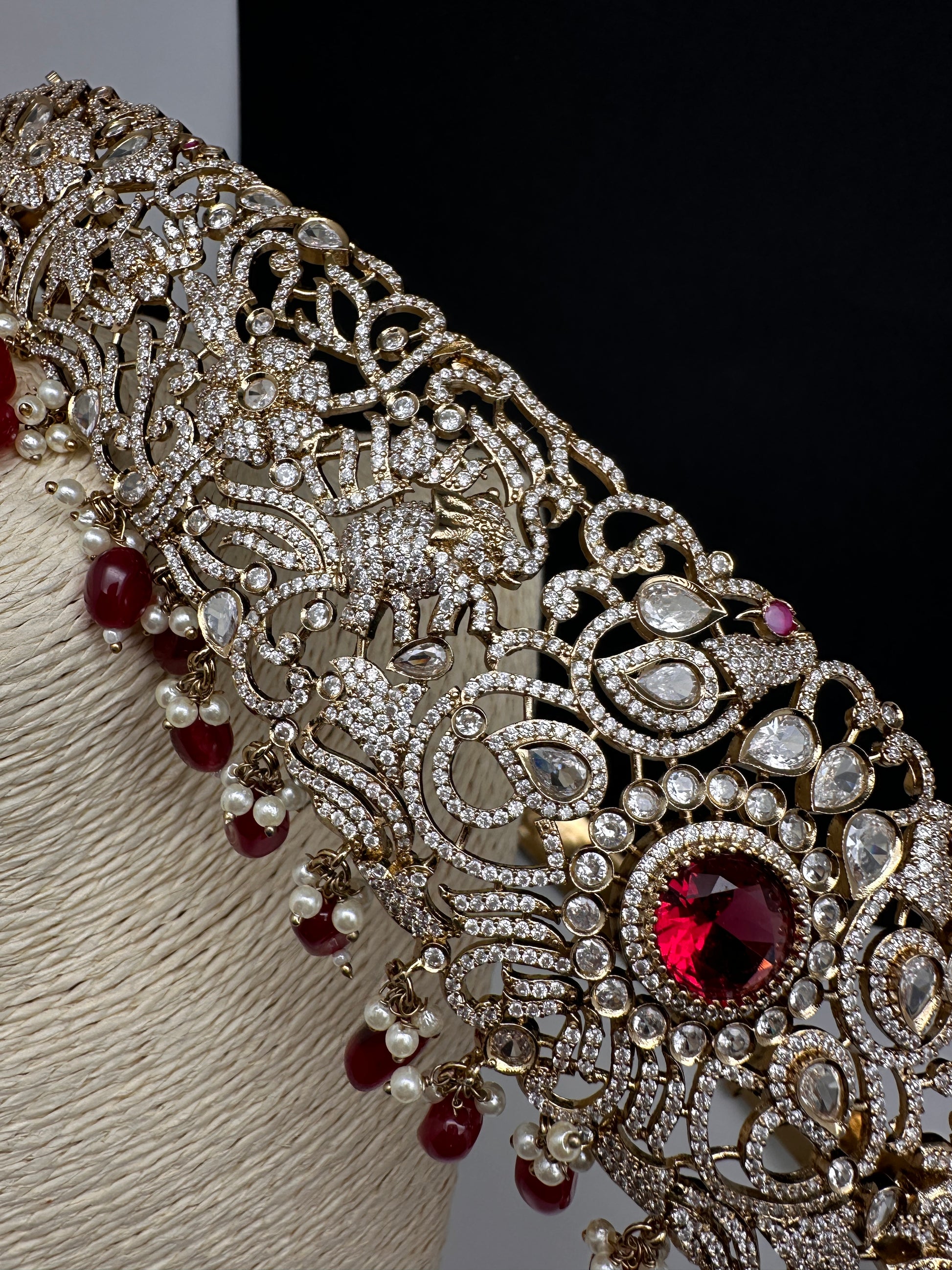 CZ Elephant Pattern Victorian Kamarband Hip Belt with Red Beads - 