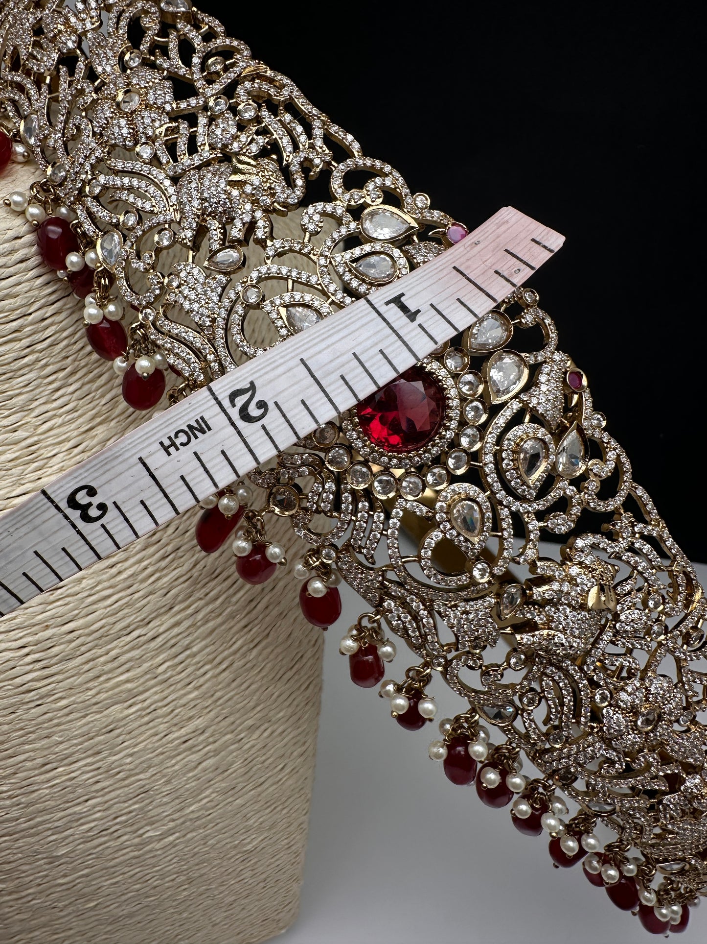 CZ Elephant Pattern Victorian Kamarband Hip Belt with Red Beads - 