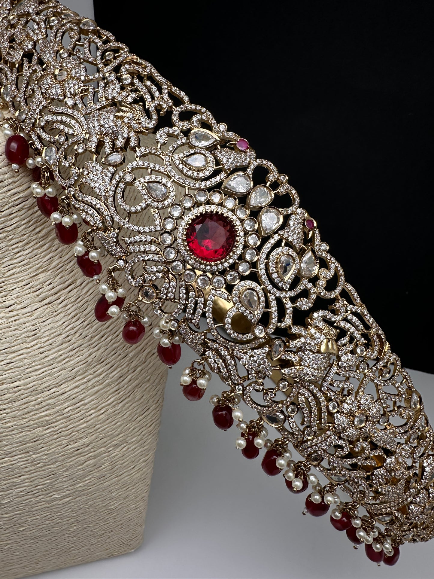 CZ Elephant Pattern Victorian Kamarband Hip Belt with Red Beads - 