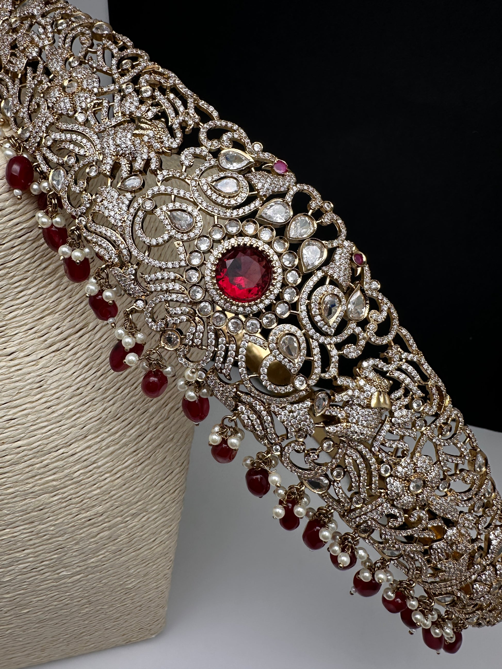 CZ Elephant Pattern Victorian Kamarband Hip Belt with Red Beads - 