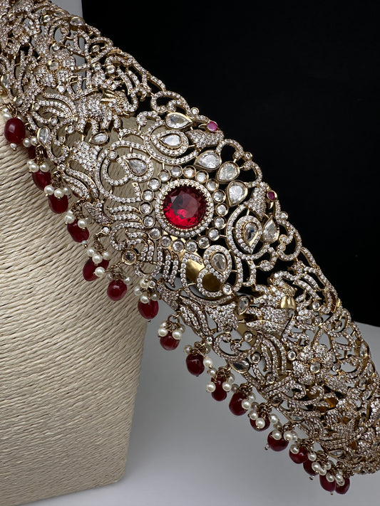 CZ Elephant Pattern Victorian Kamarband Hip Belt with Red Beads - 