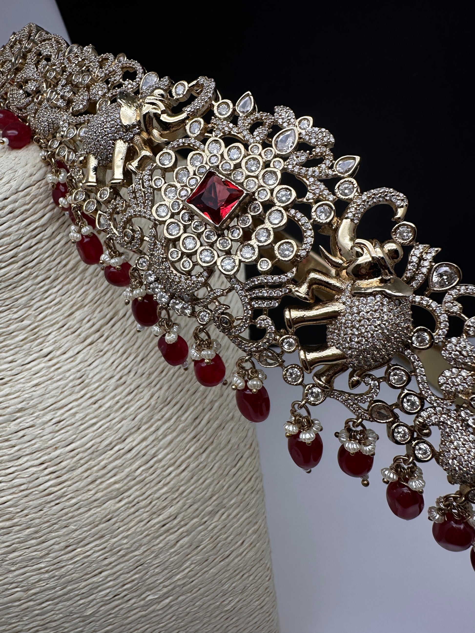CZ Elephant Pattern Victorian Kamarband Hip Belt with Red Beads - 