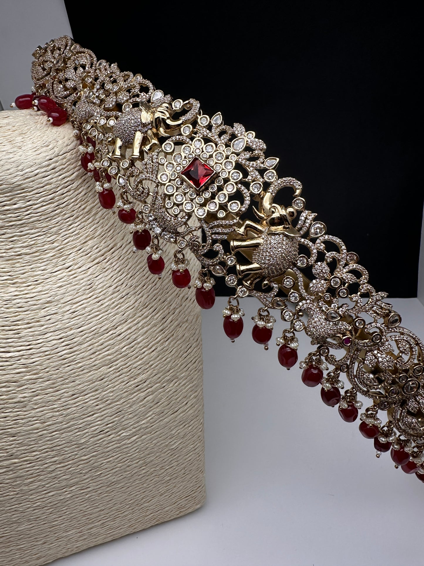 CZ Elephant Pattern Victorian Kamarband Hip Belt with Red Beads - 