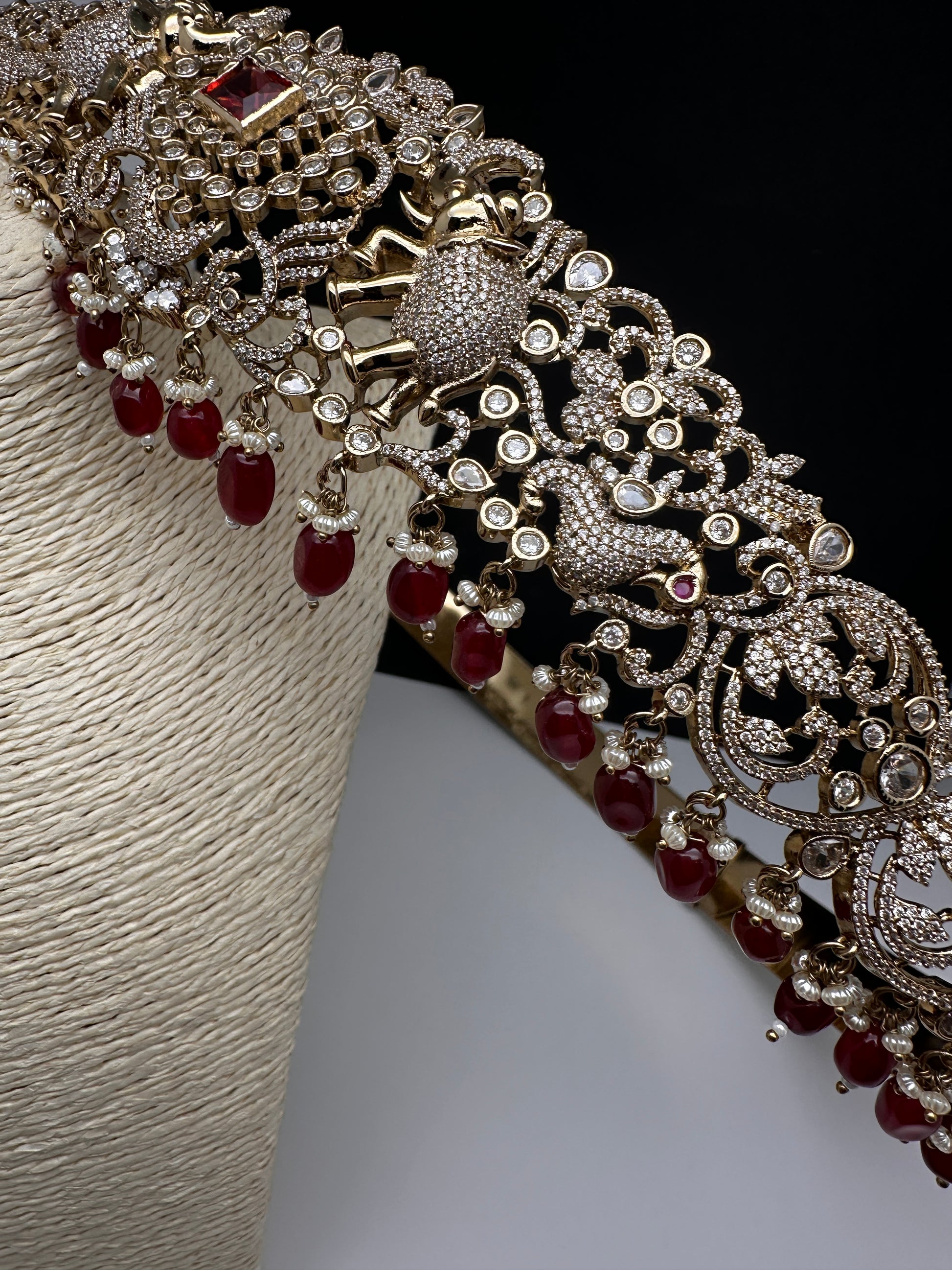 CZ Elephant Pattern Victorian Kamarband Hip Belt with Red Beads - 