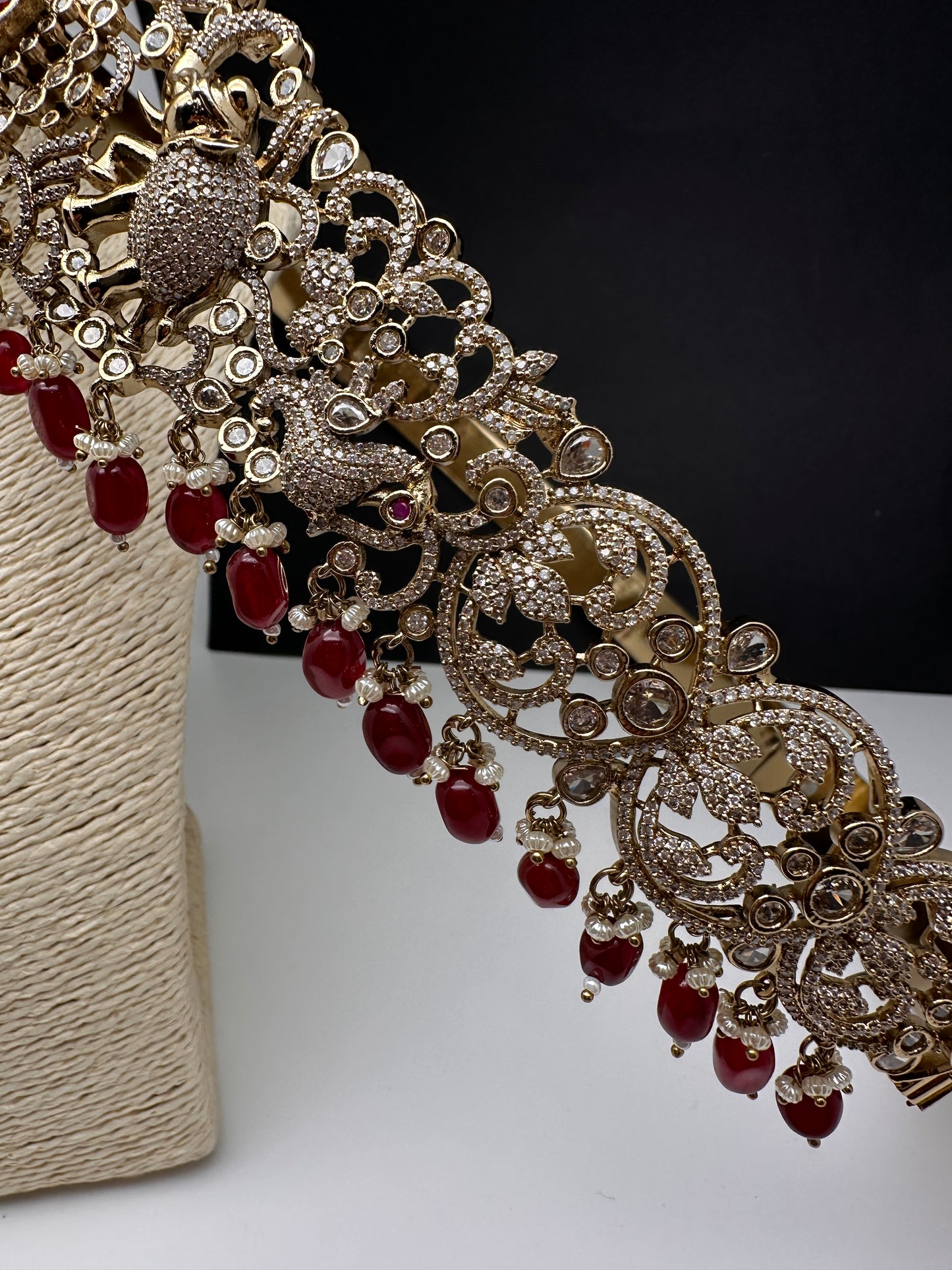 CZ Elephant Pattern Victorian Kamarband Hip Belt with Red Beads - 
