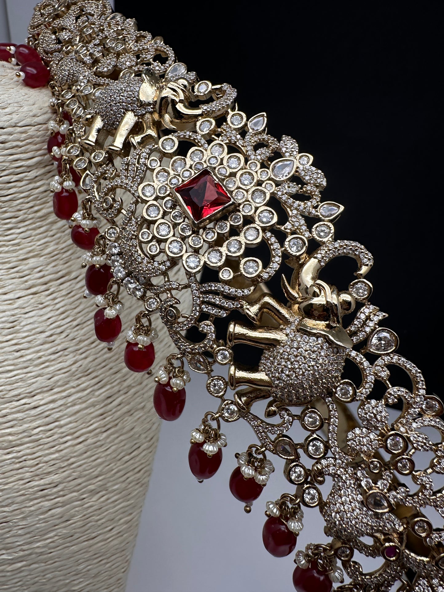 CZ Elephant Pattern Victorian Kamarband Hip Belt with Red Beads - 
