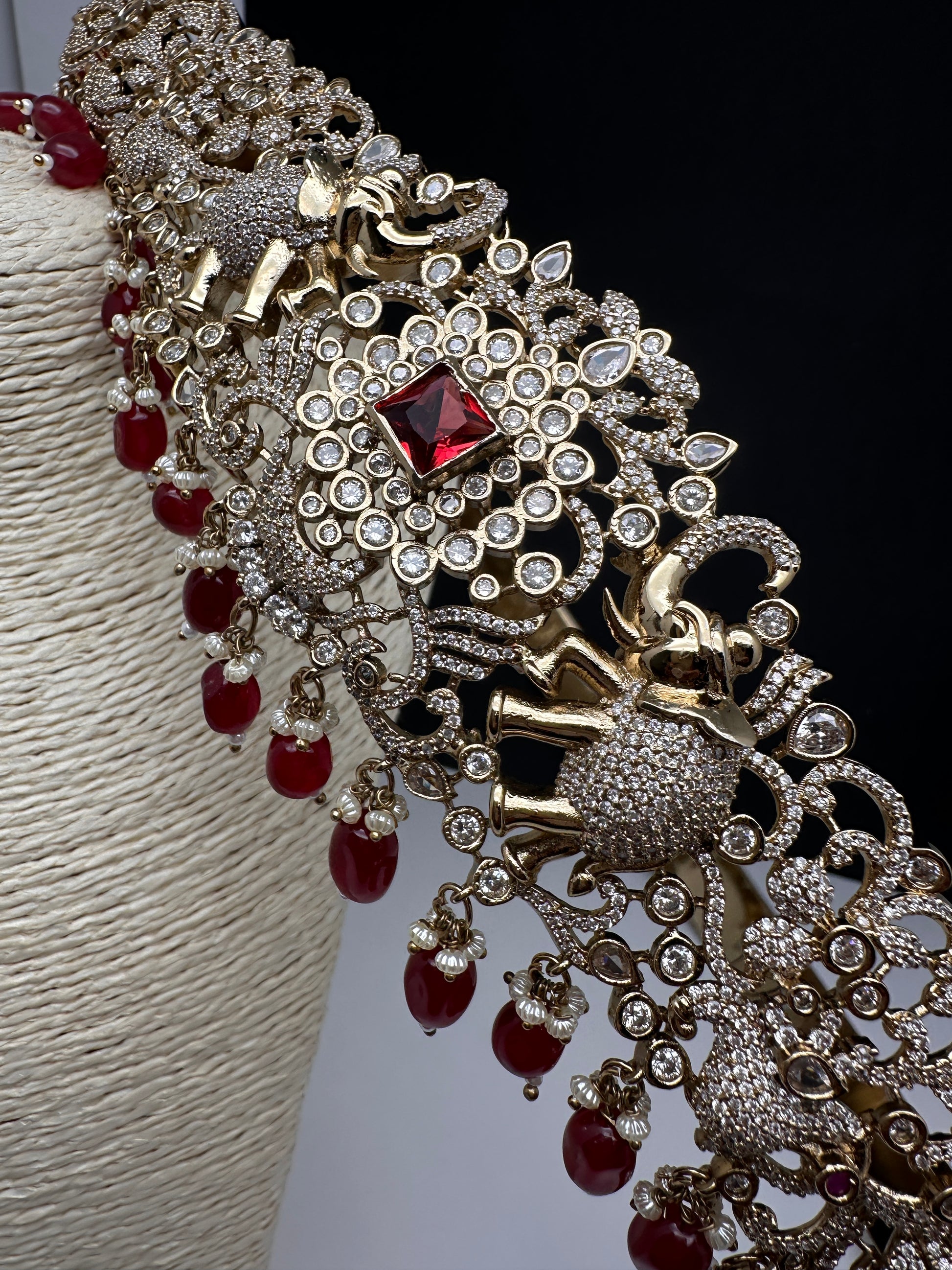 CZ Elephant Pattern Victorian Kamarband Hip Belt with Red Beads - 