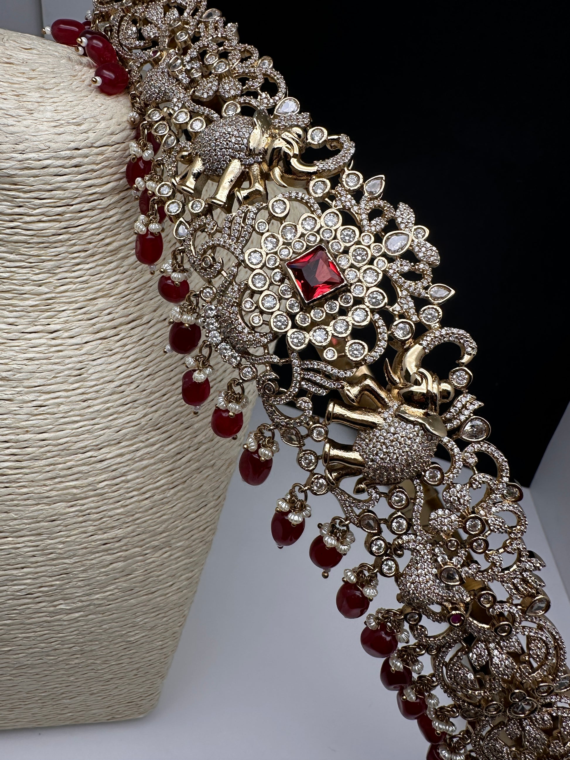CZ Elephant Pattern Victorian Kamarband Hip Belt with Red Beads - 