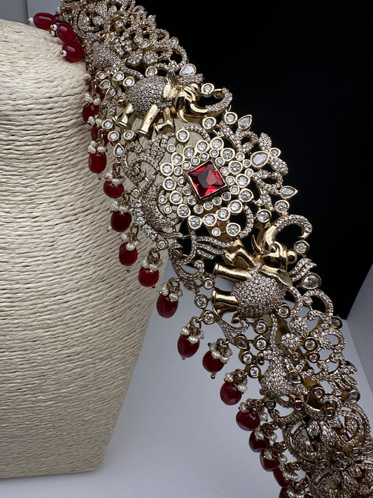 CZ Elephant Pattern Victorian Kamarband Hip Belt with Red Beads - 