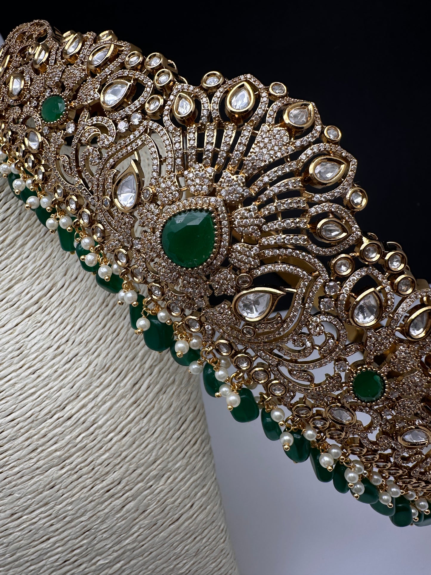 CZ Victorian Kamarband Hip Belt with Green Beads - 
