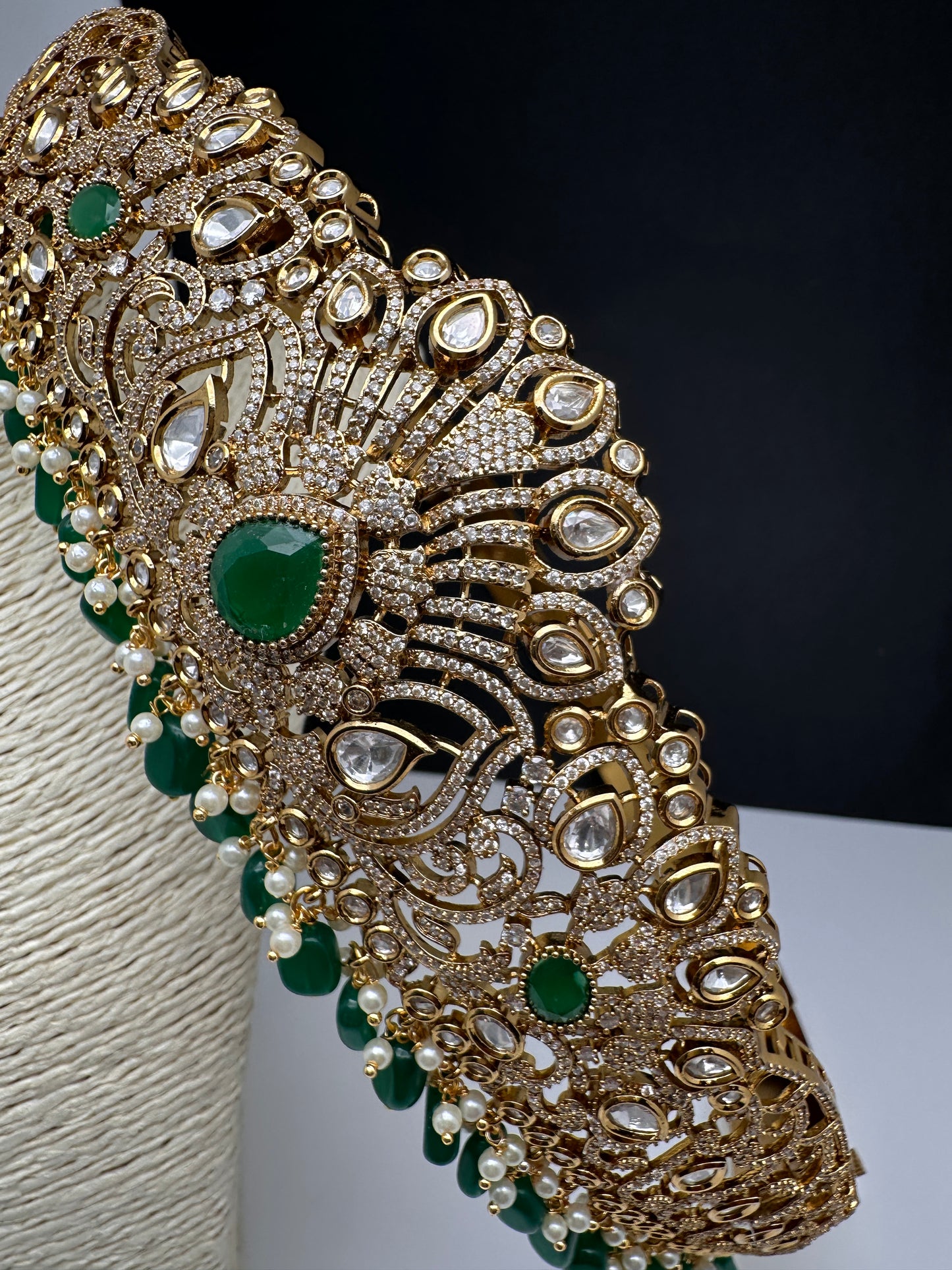 CZ Victorian Kamarband Hip Belt with Green Beads - 