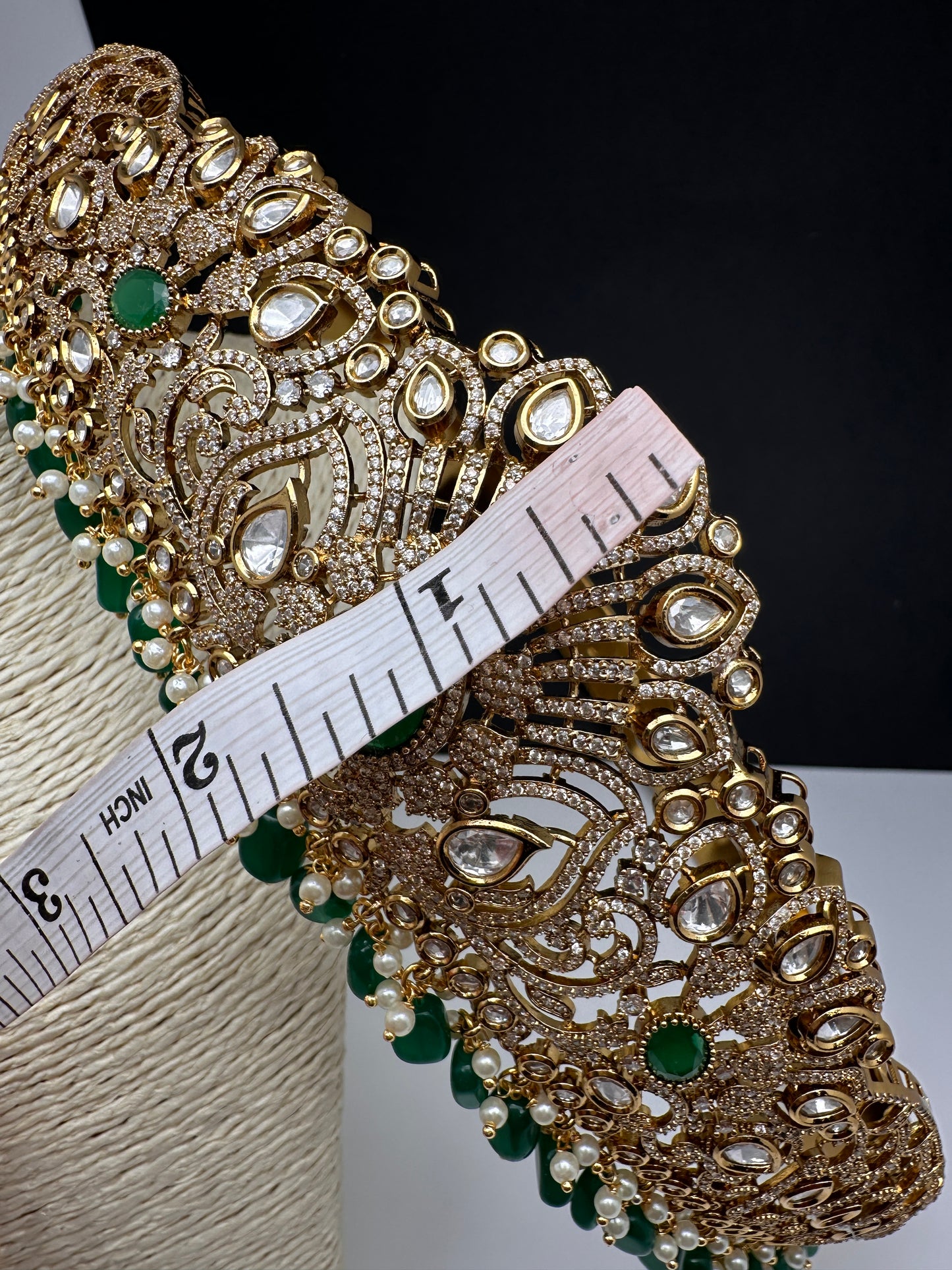 CZ Victorian Kamarband Hip Belt with Green Beads - 