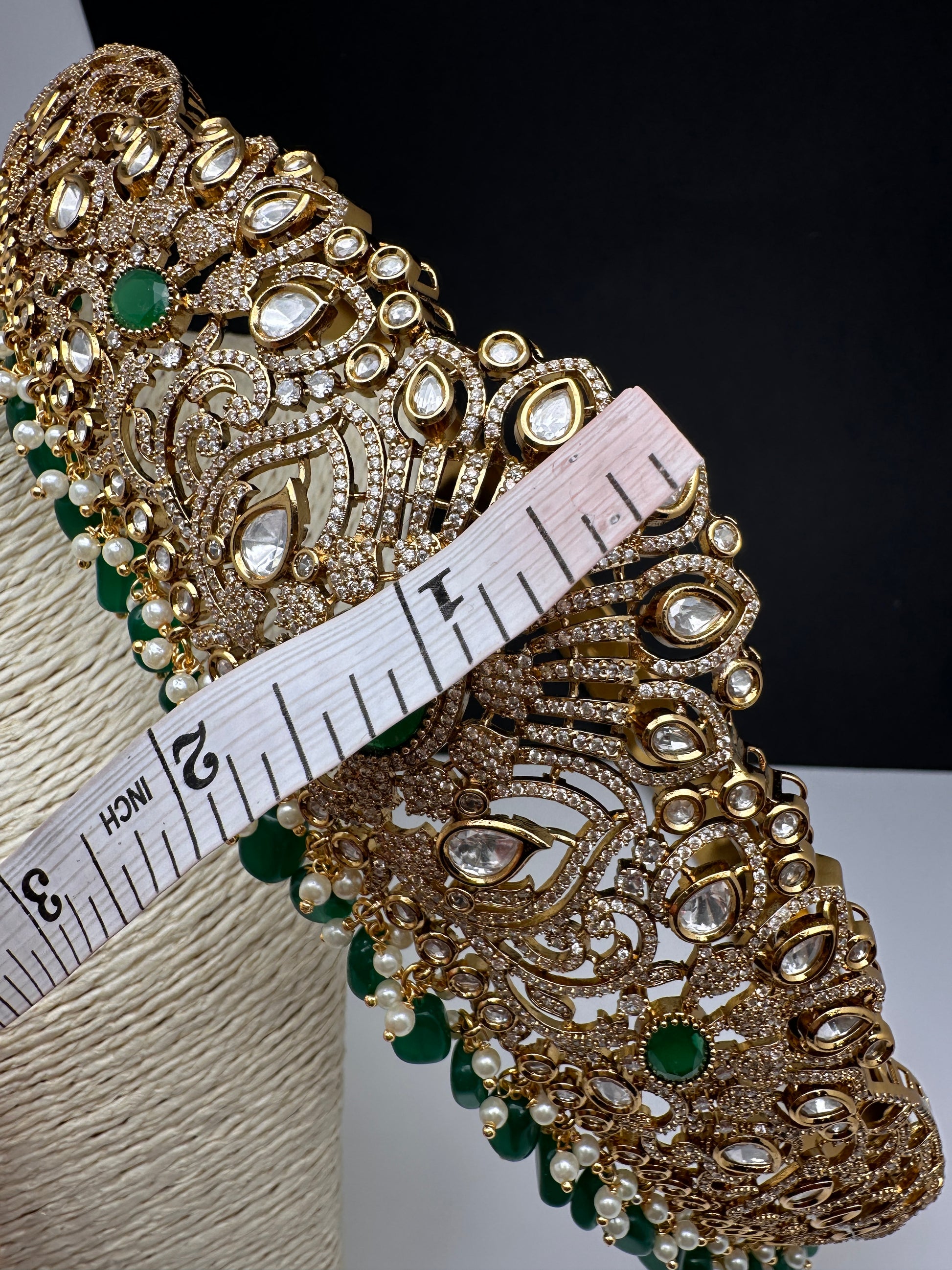 CZ Victorian Kamarband Hip Belt with Green Beads - 