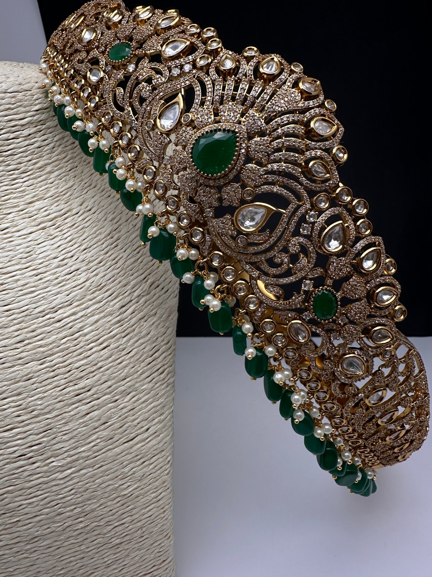 CZ Victorian Kamarband Hip Belt with Green Beads - 