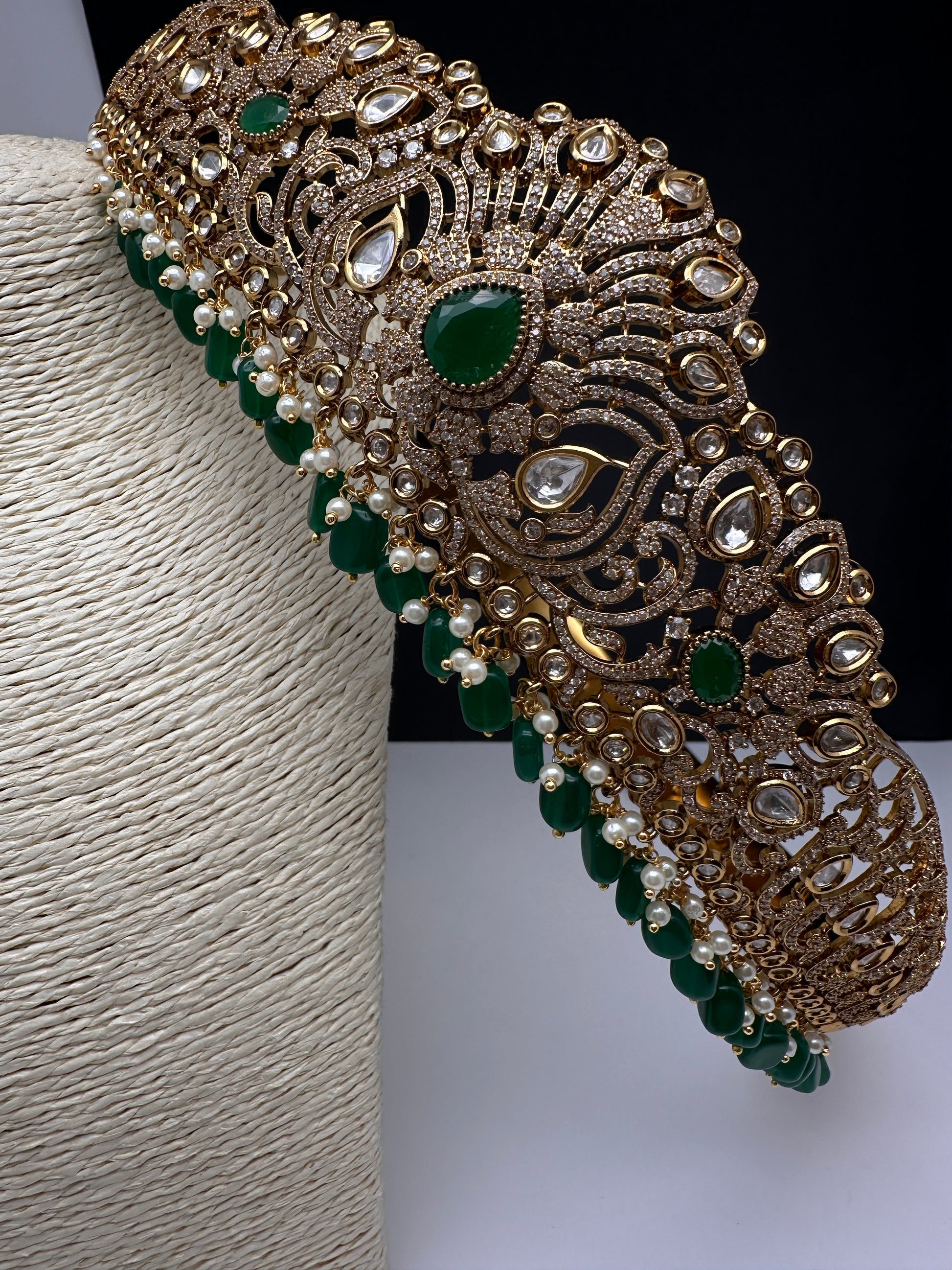 CZ Victorian Kamarband Hip Belt with Green Beads - 