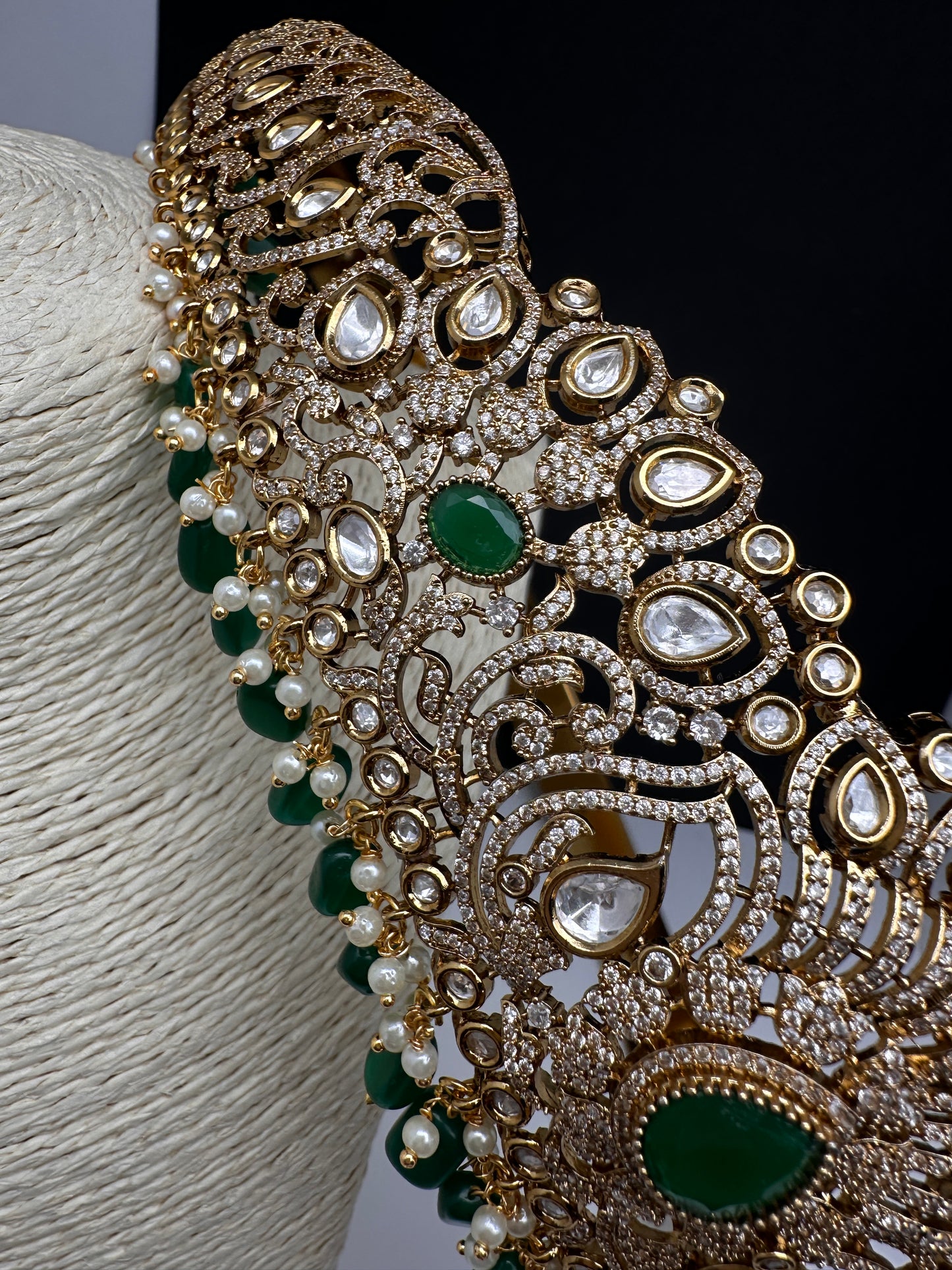 CZ Victorian Kamarband Hip Belt with Green Beads - 