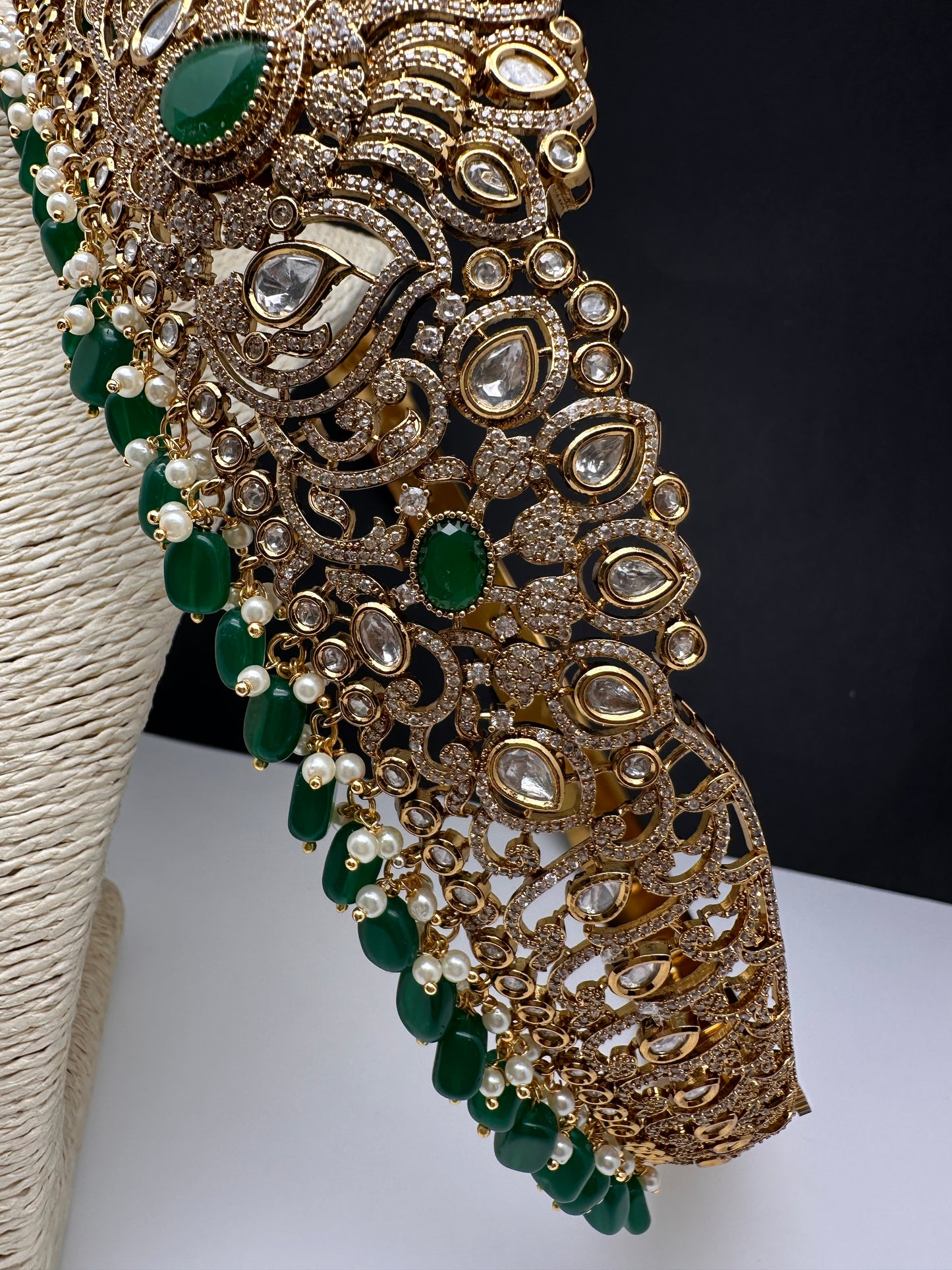 CZ Victorian Kamarband Hip Belt with Green Beads - 