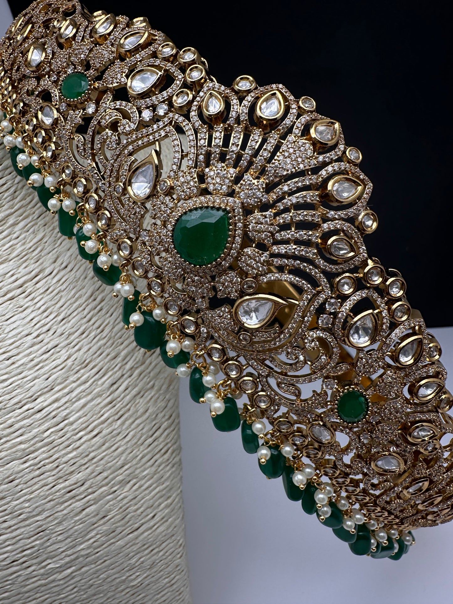 CZ Victorian Kamarband Hip Belt with Green Beads - 