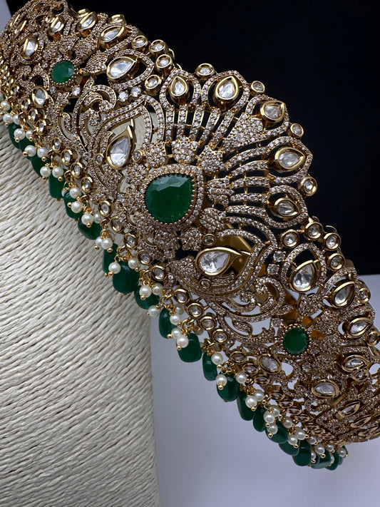 CZ Victorian Kamarband Hip Belt with Green Beads - 