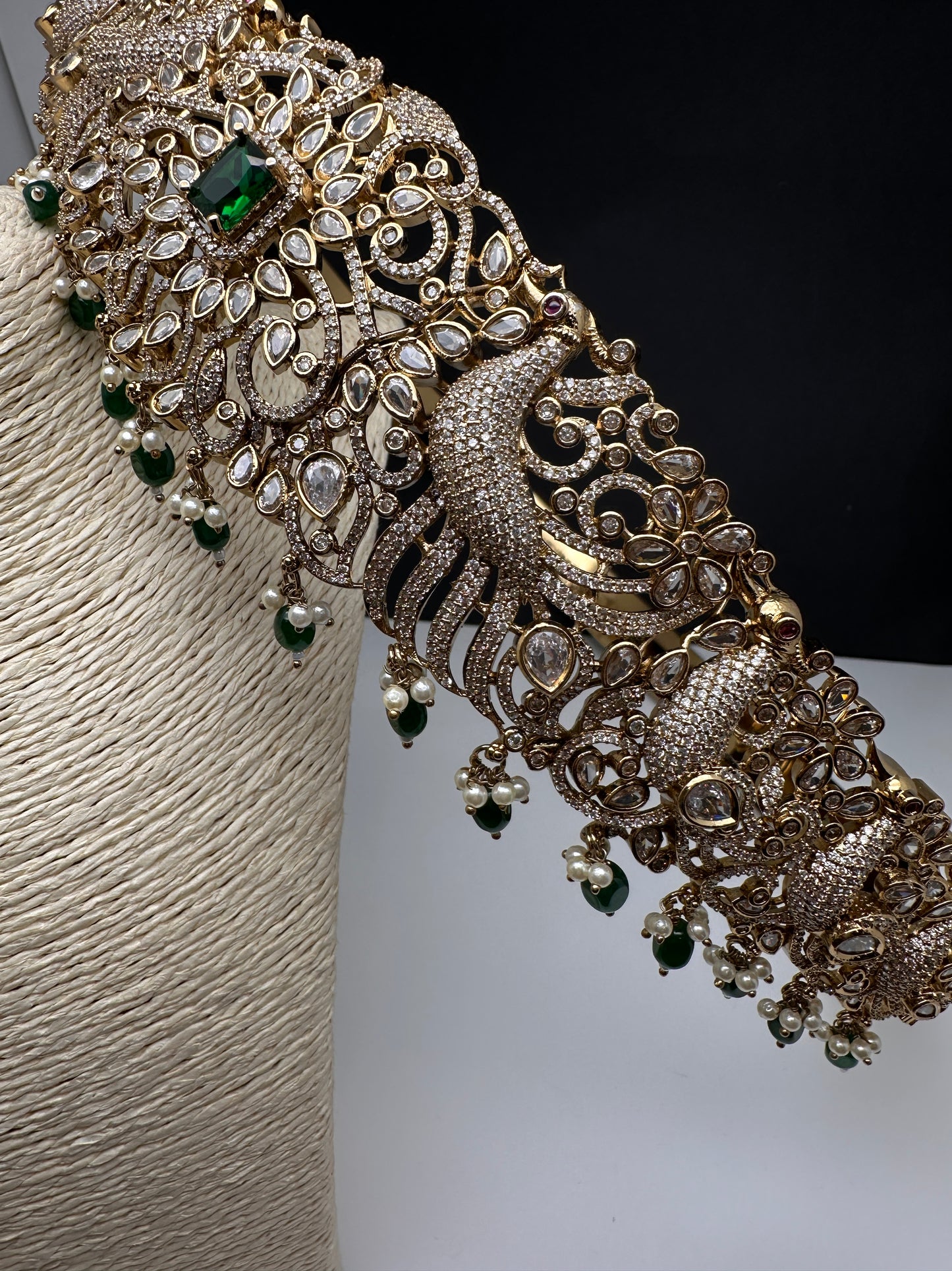 CZ Victorian Kamarband Hip Belt with Green Beads - 