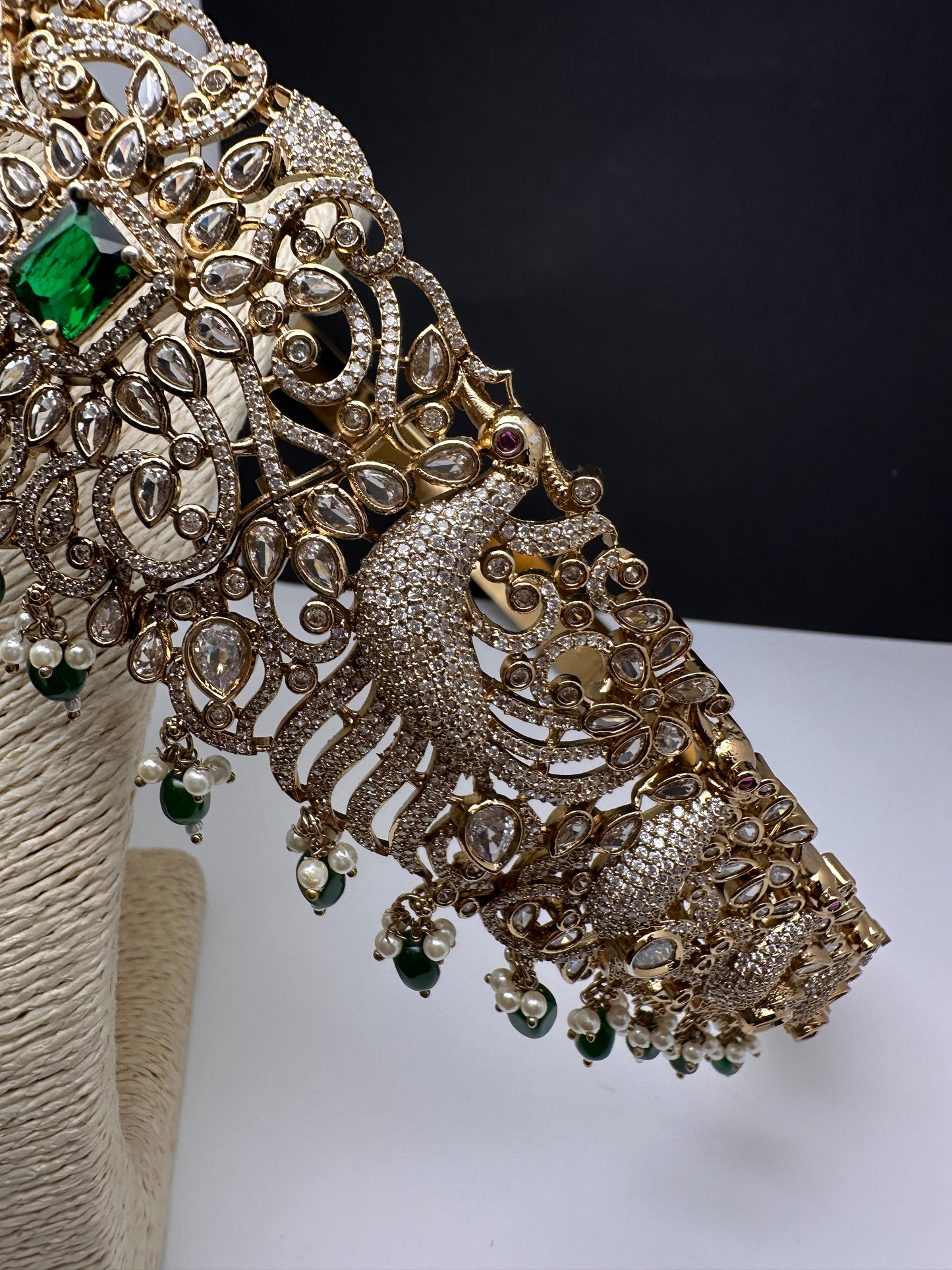 CZ Victorian Kamarband Hip Belt with Green Beads - 