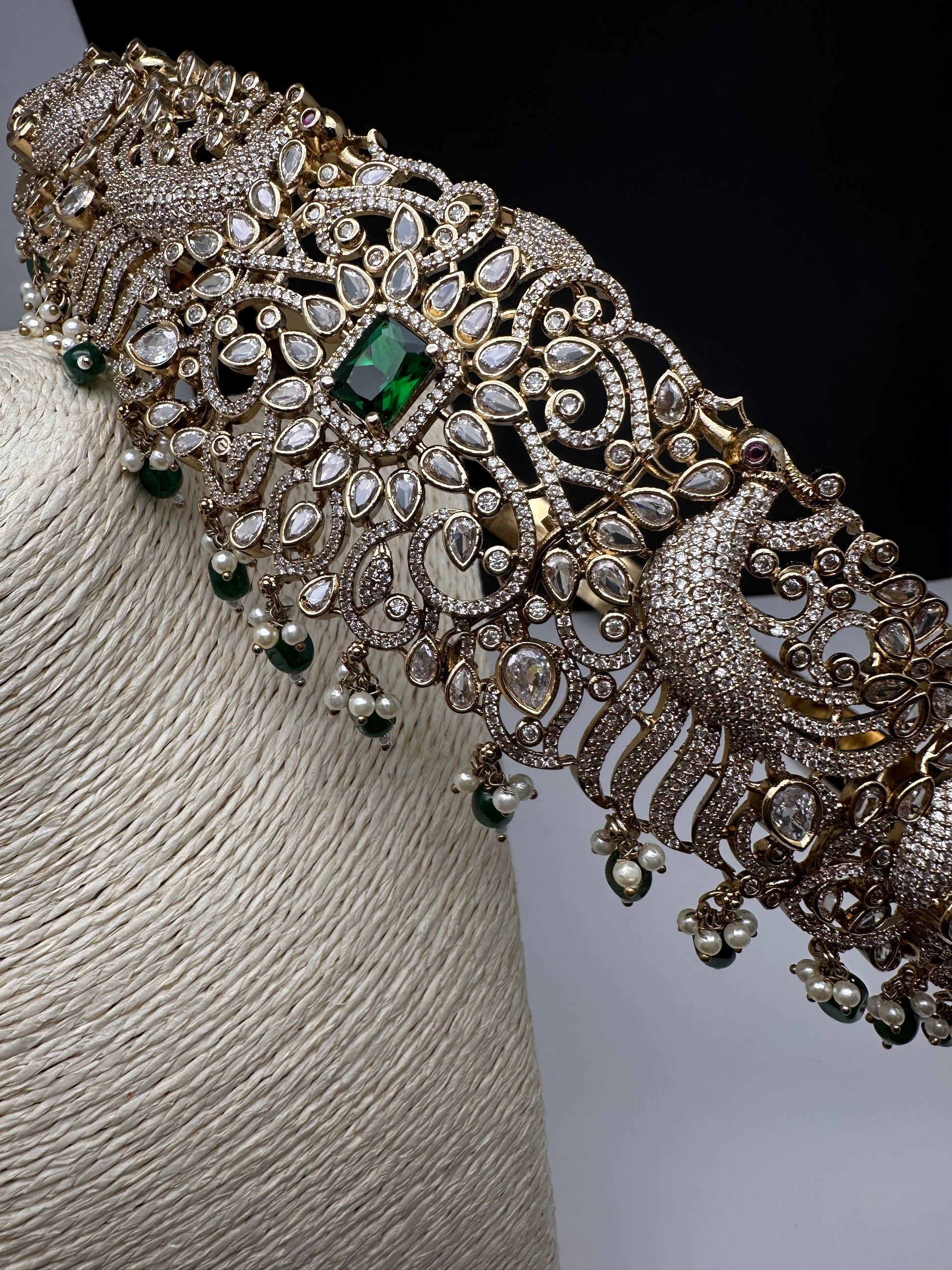 CZ Victorian Kamarband Hip Belt with Green Beads - 