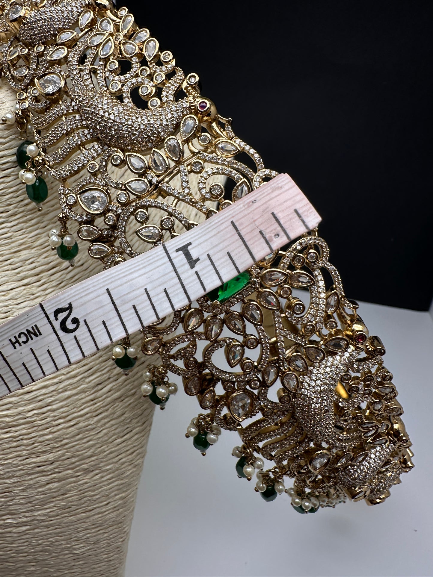 CZ Victorian Kamarband Hip Belt with Green Beads - 