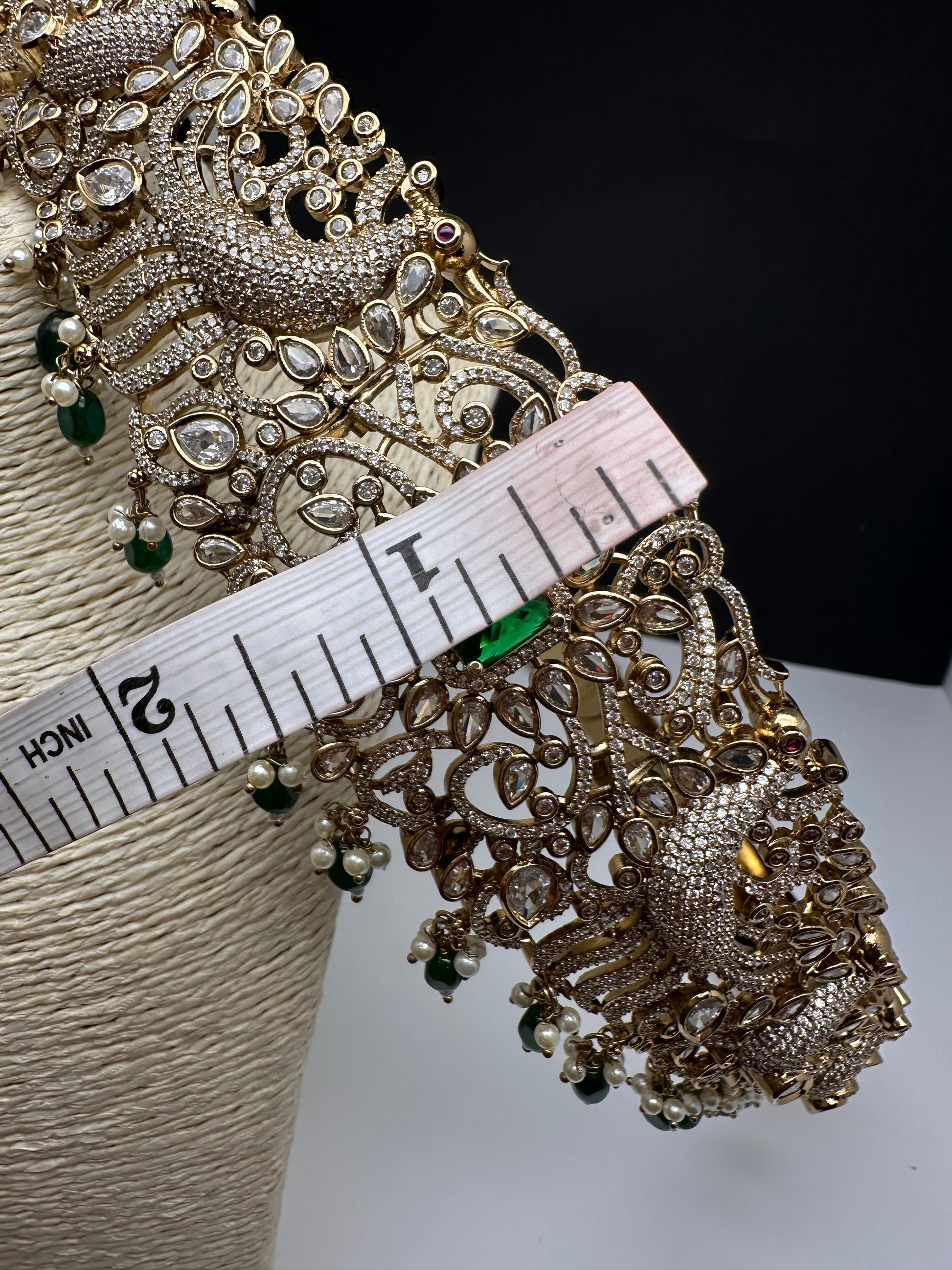 CZ Victorian Kamarband Hip Belt with Green Beads - 
