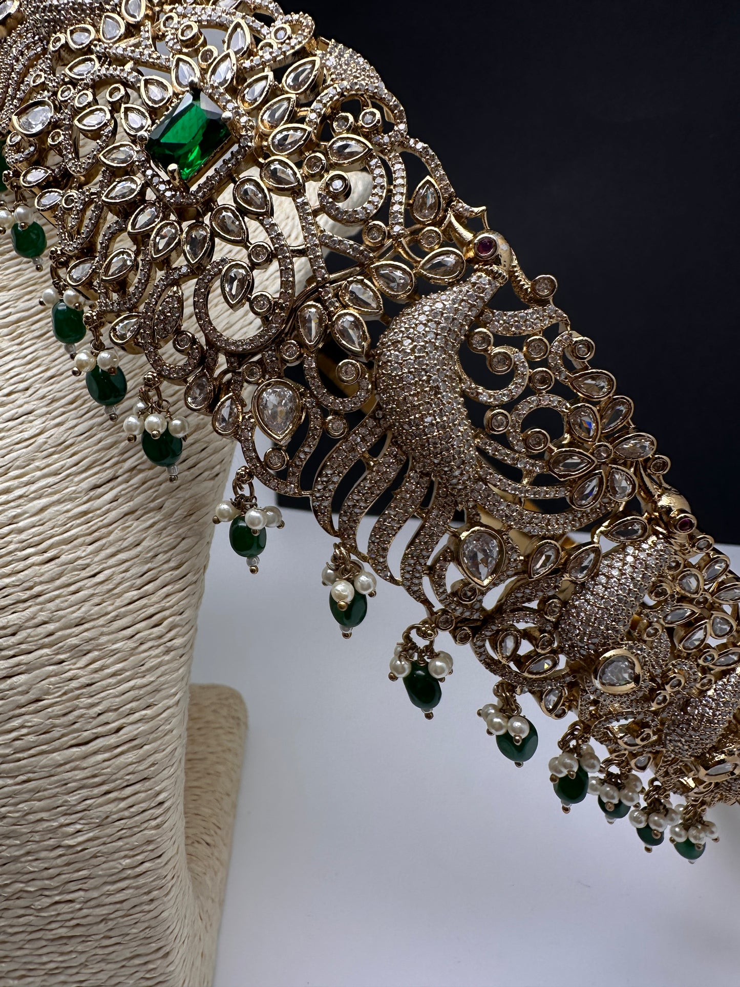 CZ Victorian Kamarband Hip Belt with Green Beads - 