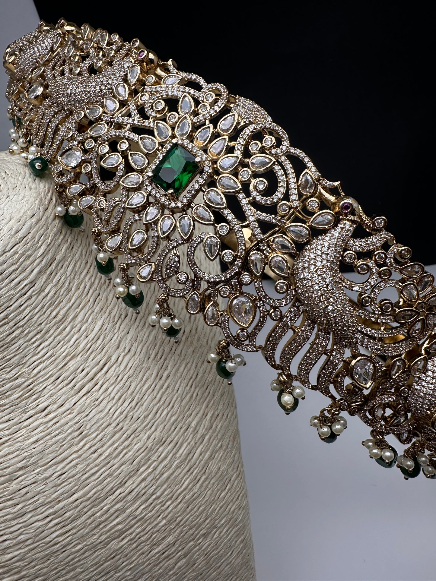 CZ Victorian Kamarband Hip Belt with Green Beads - 