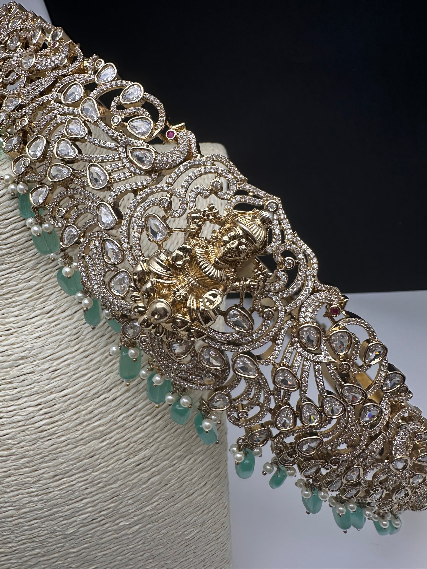 CZ Victorian Goddess Lakshmi Kamarband Hip Belt withMint Green Beads - 